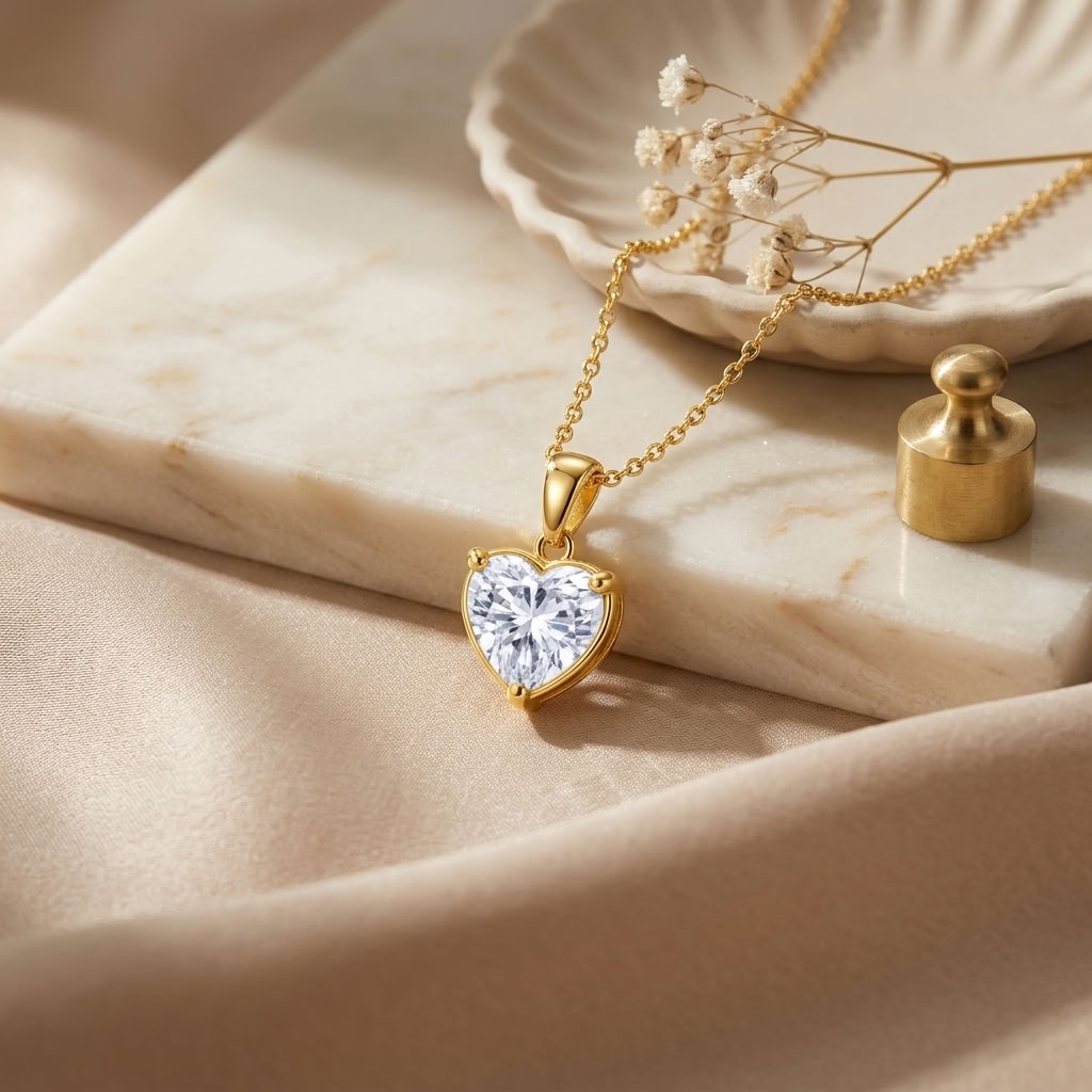 Heart Solitaire Necklace with Brilliant White Cz for Women - 925 Sterling Silver