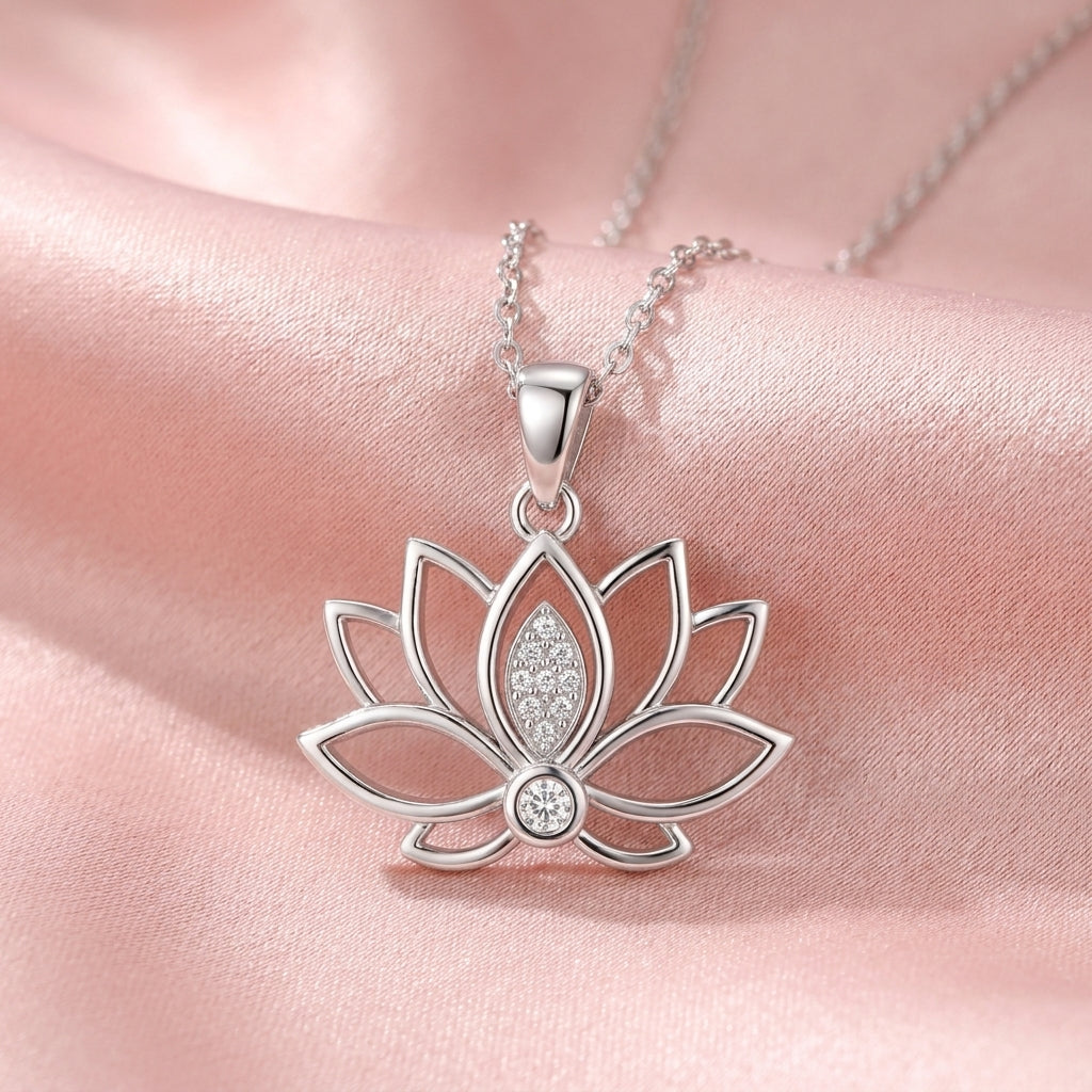 Lotus Flower Necklace with White Cz Accents