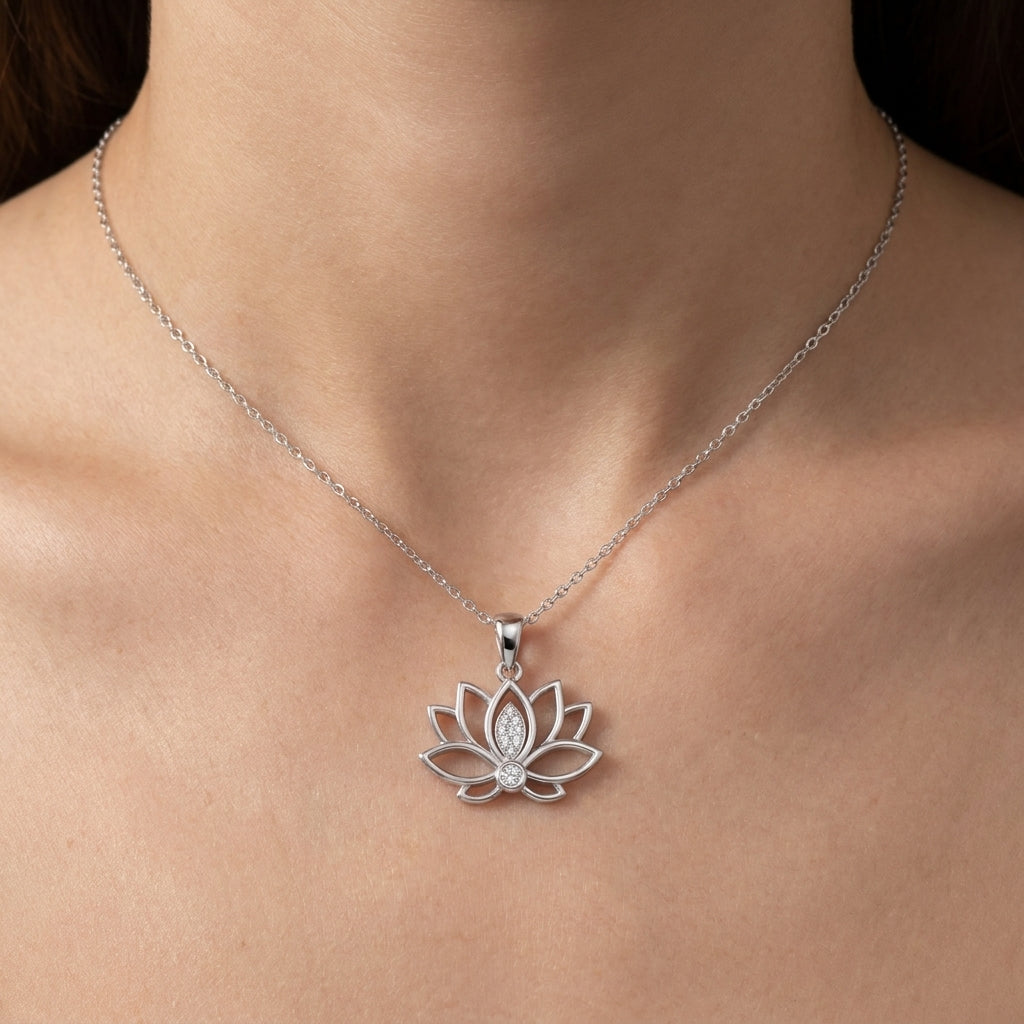Lotus Flower Necklace with White Cz Accents