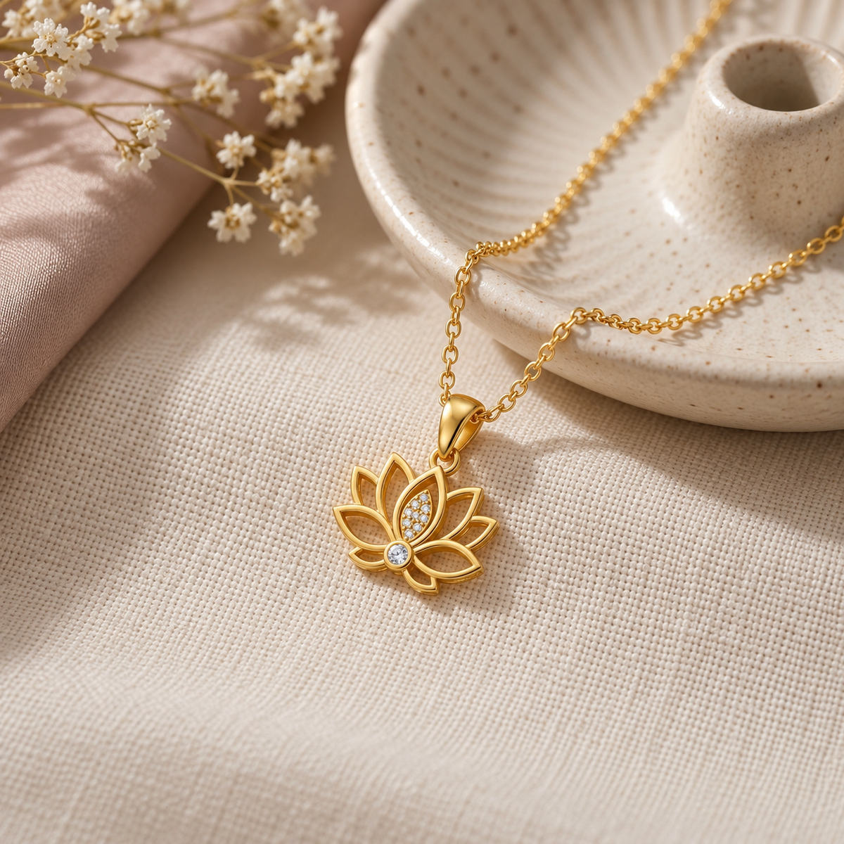 Lotus Flower Necklace with White Cz Accents for Women - 925 Sterling Silver