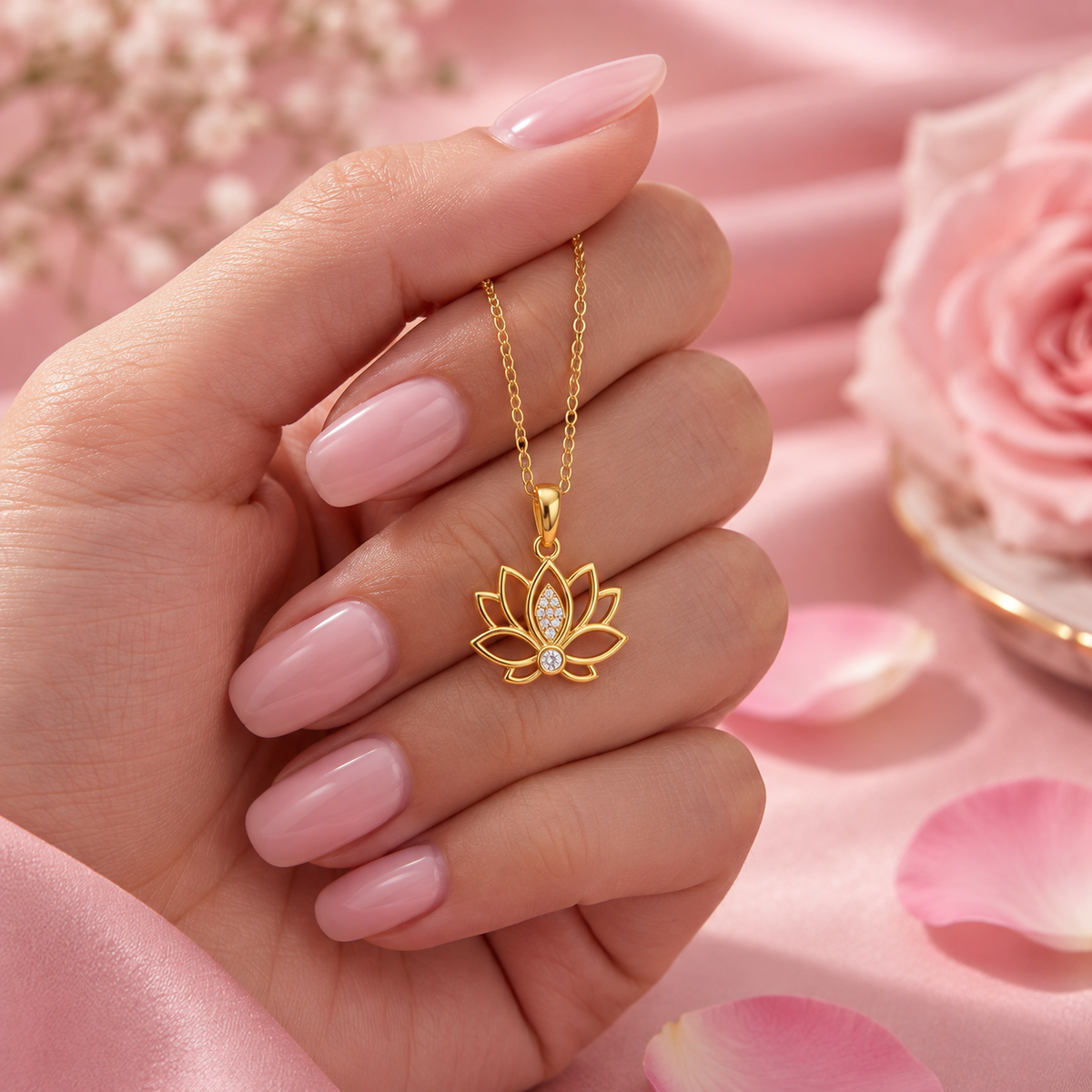 Lotus Flower Necklace with White Cz Accents for Women - 925 Sterling Silver