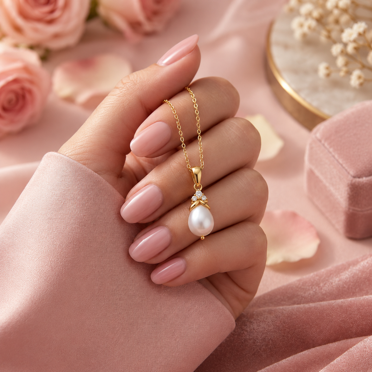 Pearl Drop Necklace with White Cz Floral Bail for Women - 925 Sterling Silver