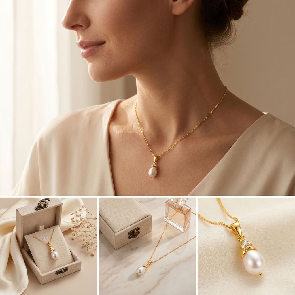 Pearl Drop Necklace with White Cz Floral Bail for Women - 925 Sterling Silver