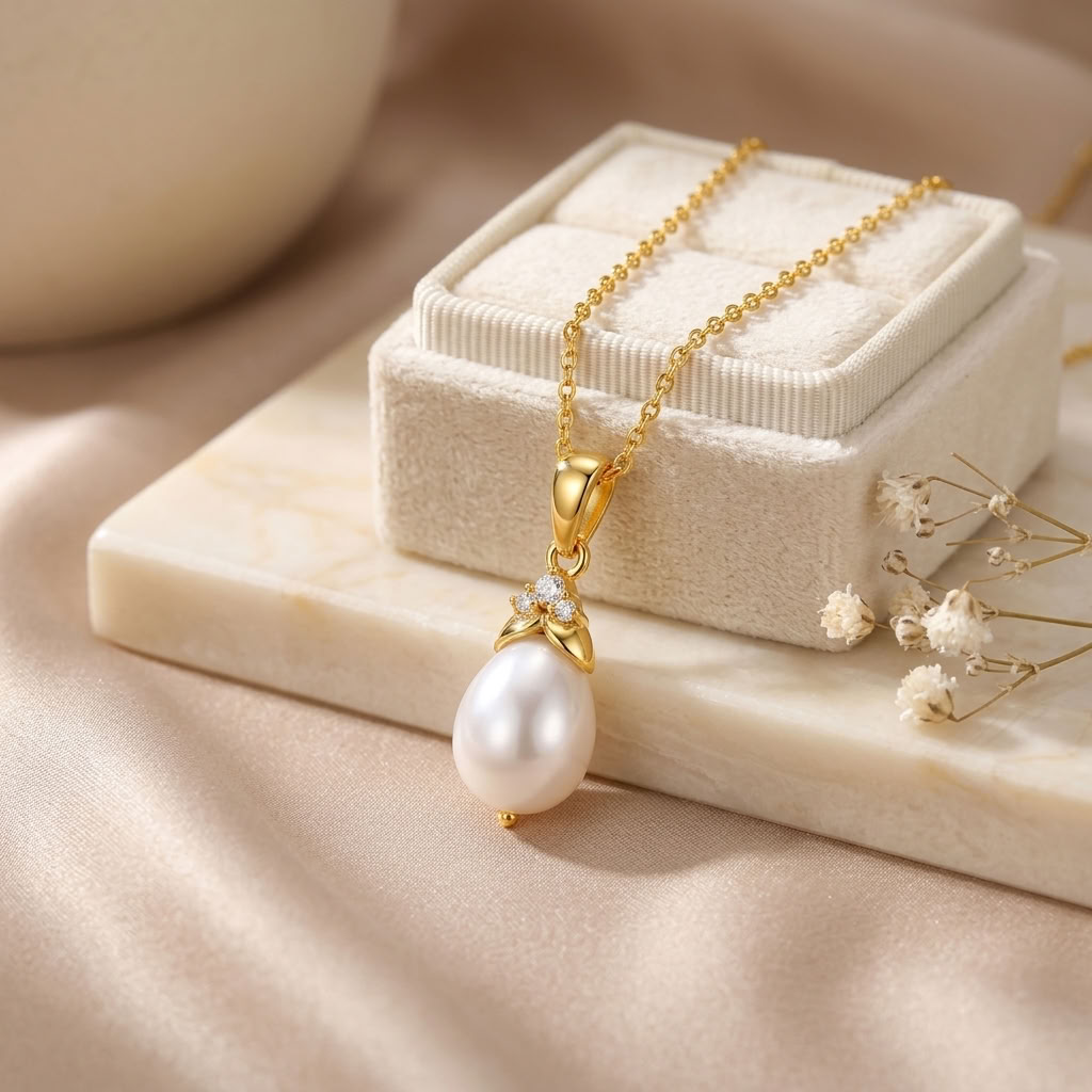 Pearl Drop Necklace with White Cz Floral Bail for Women - 925 Sterling Silver