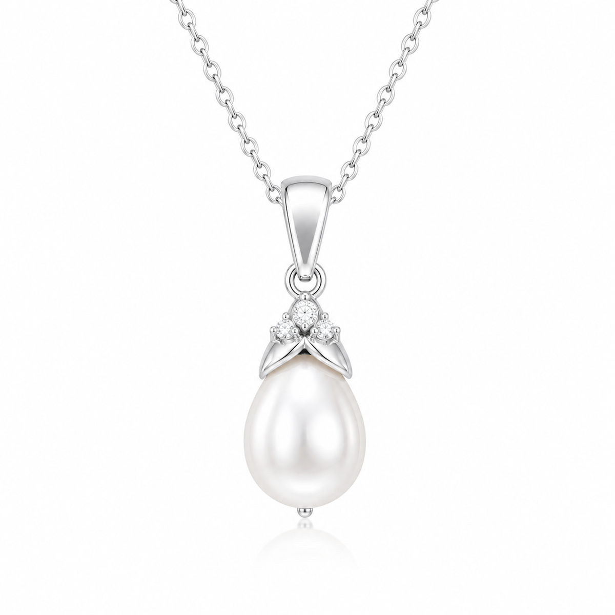Pearl Drop Necklace with White Cz Floral Bail