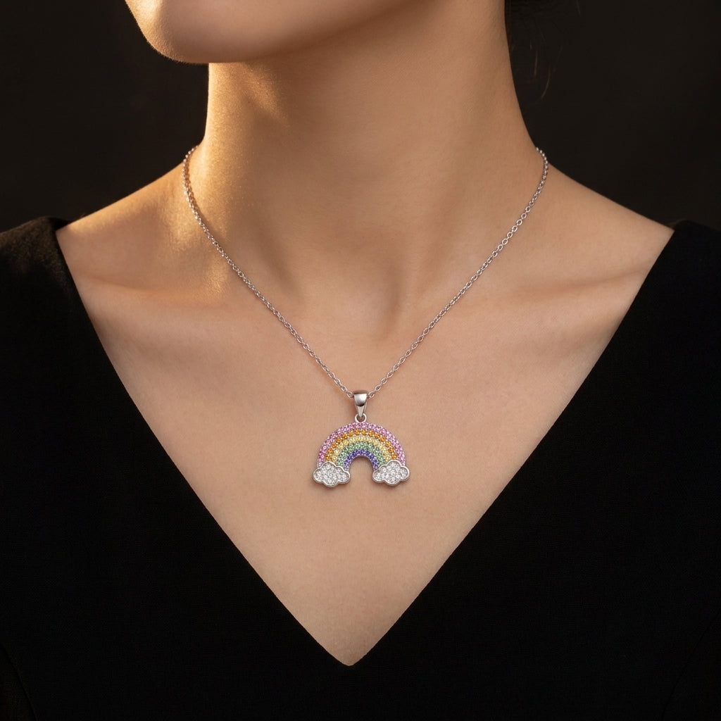Rainbow Necklace with Multicolor White Cz & Cloud Accents