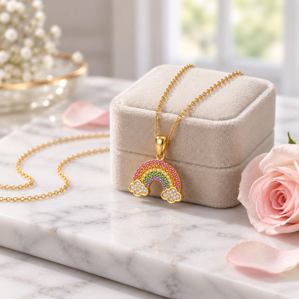 Rainbow Necklace with Multicolor White Cz & Cloud Accents for Women - 925 Sterling Silver