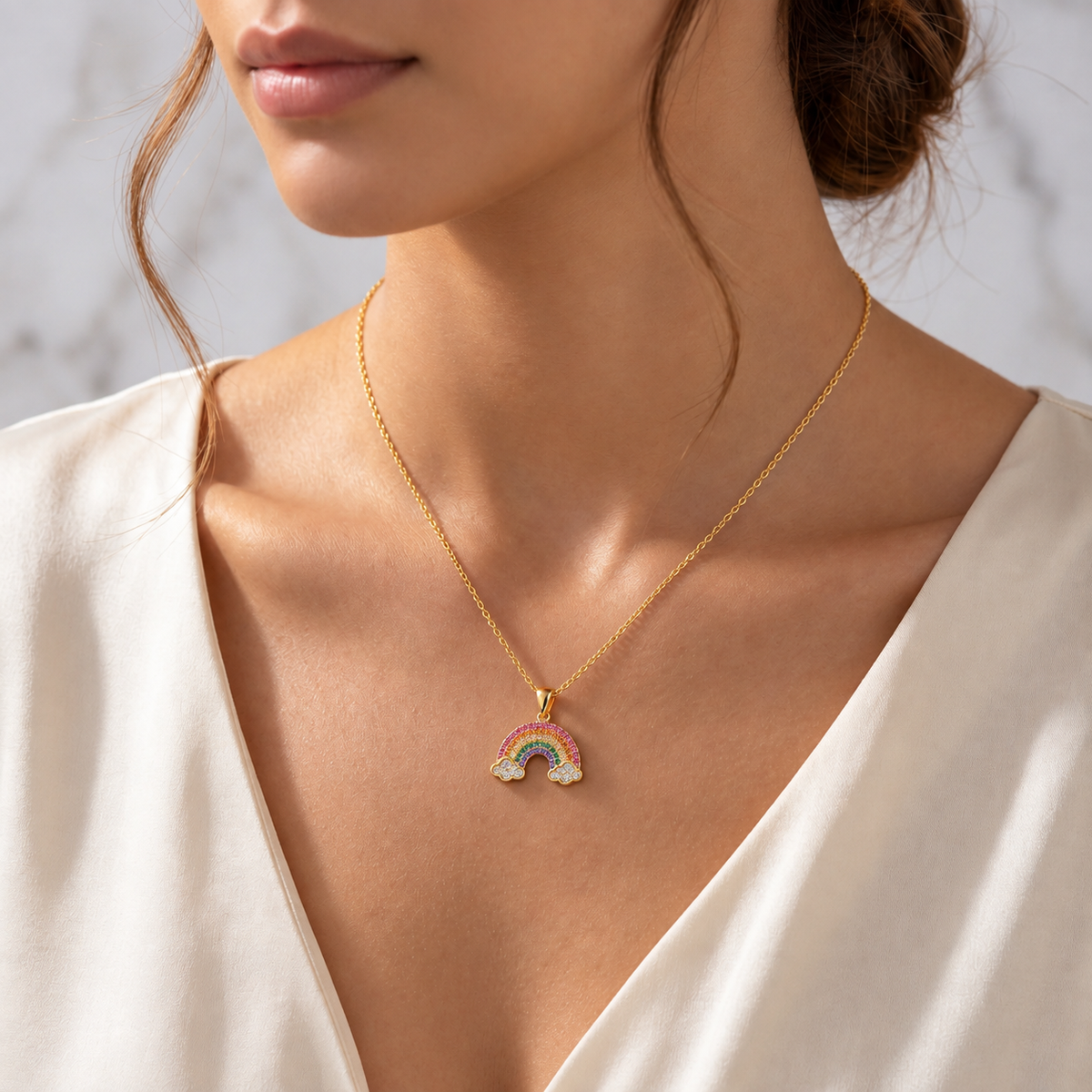 Rainbow Necklace with Multicolor White Cz & Cloud Accents for Women - 925 Sterling Silver