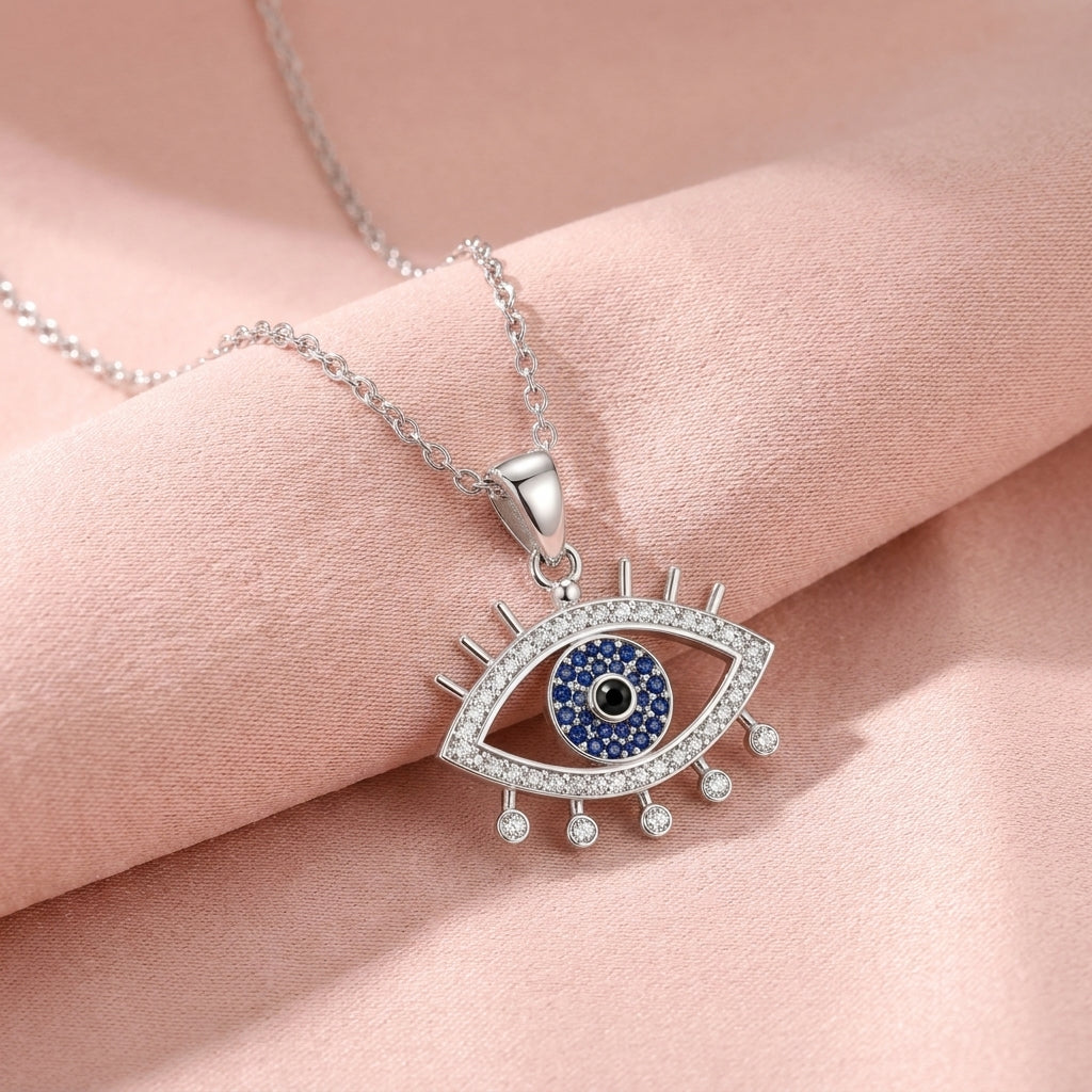 Blue Evil Eye Necklace with White Cz Accents