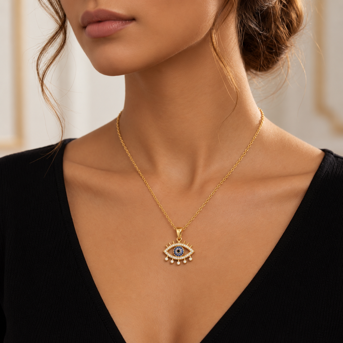 Blue Evil Eye Necklace with White Cz Accents for Women - 925 Sterling Silver