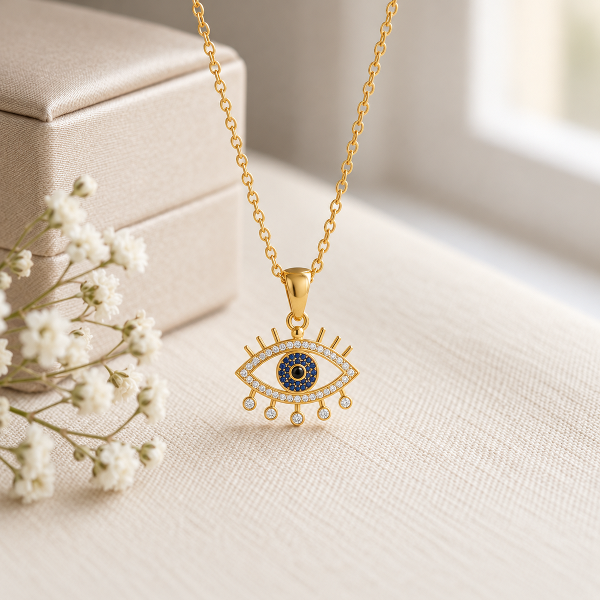 Blue Evil Eye Necklace with White Cz Accents for Women - 925 Sterling Silver