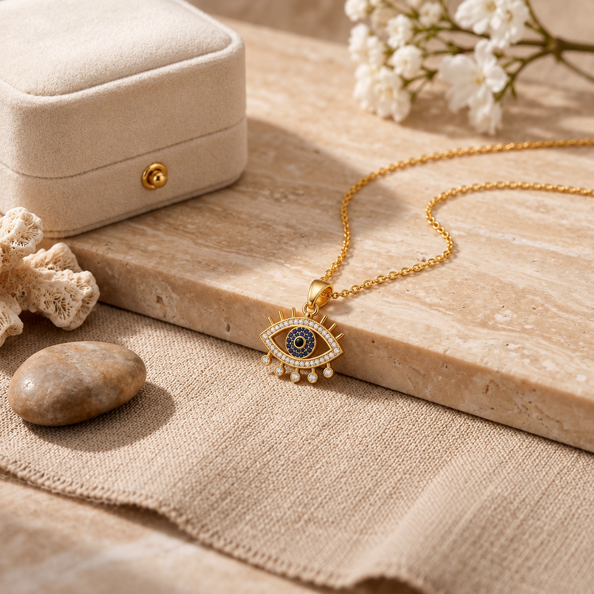 Blue Evil Eye Necklace with White Cz Accents for Women - 925 Sterling Silver