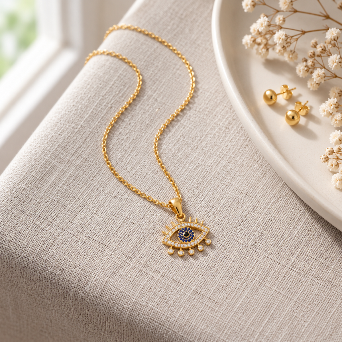 Blue Evil Eye Necklace with White Cz Accents for Women - 925 Sterling Silver