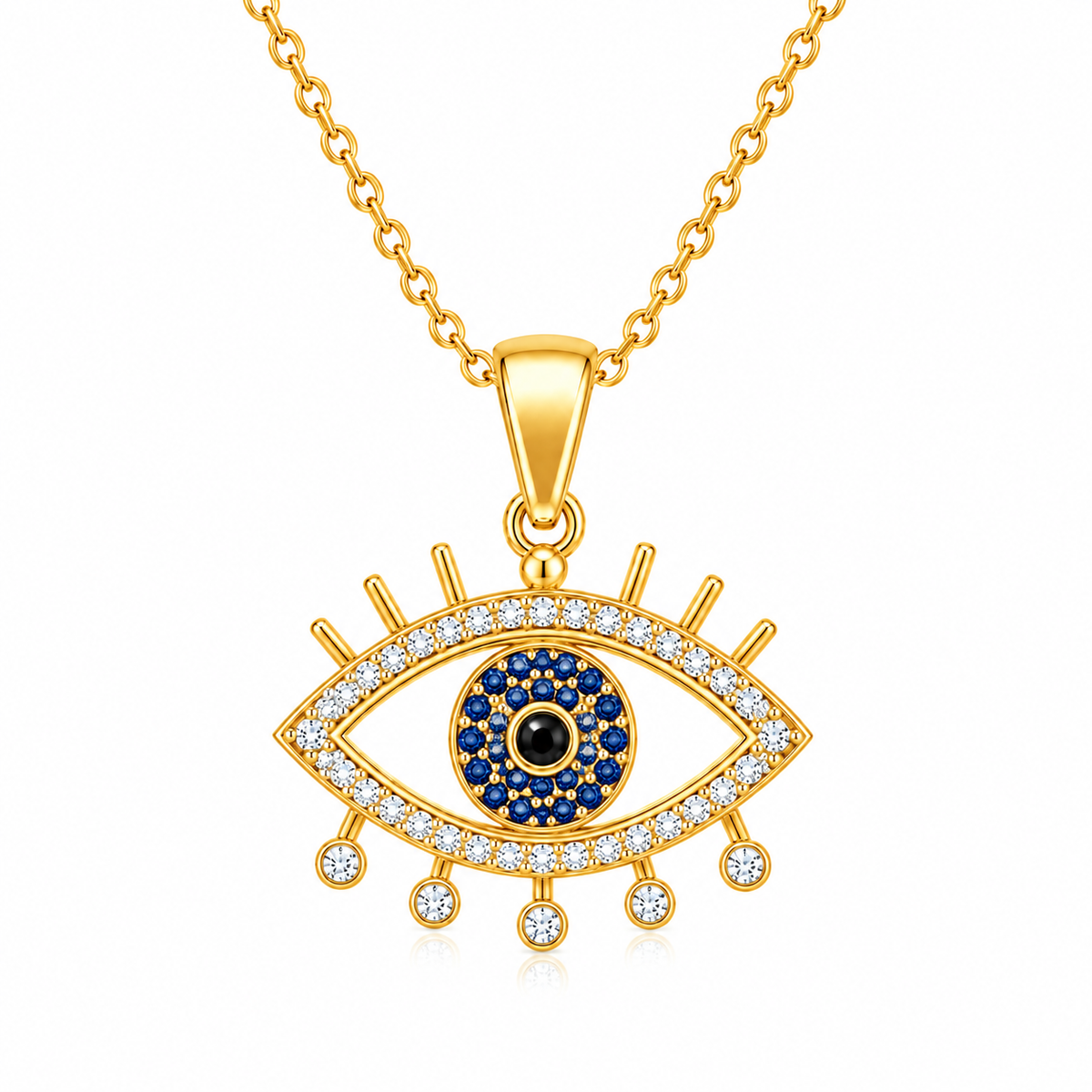 Blue Evil Eye Necklace with White Cz Accents for Women - 925 Sterling Silver