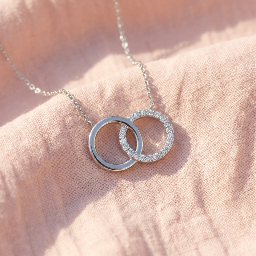 Double Circle Necklace with White Cz Pavé Detail