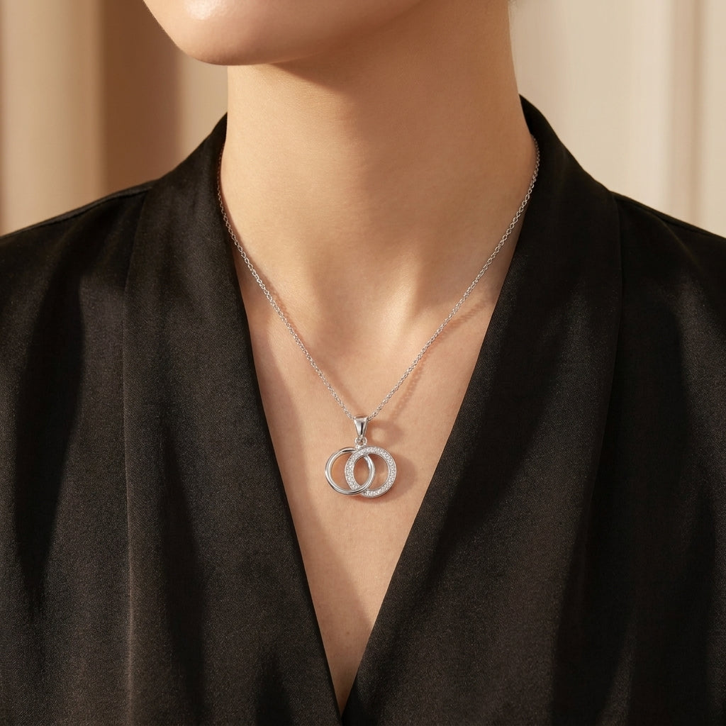 Double Circle Necklace with White Cz Pavé Detail