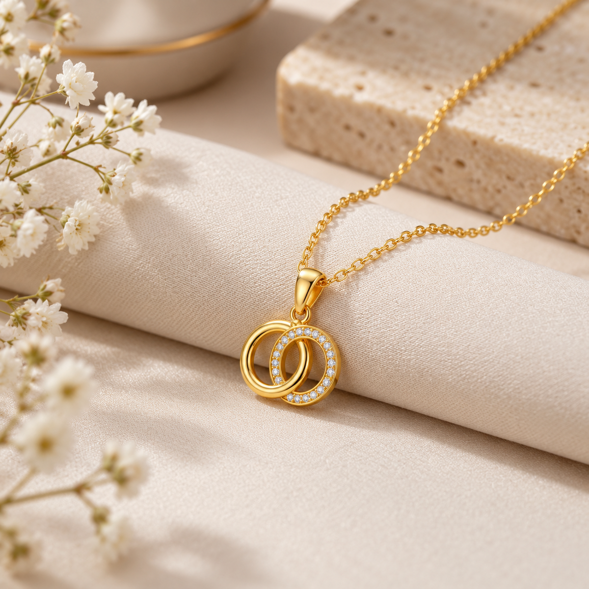 Double Circle Necklace with White Cz Pavé Detail for Women - 925 Sterling Silver