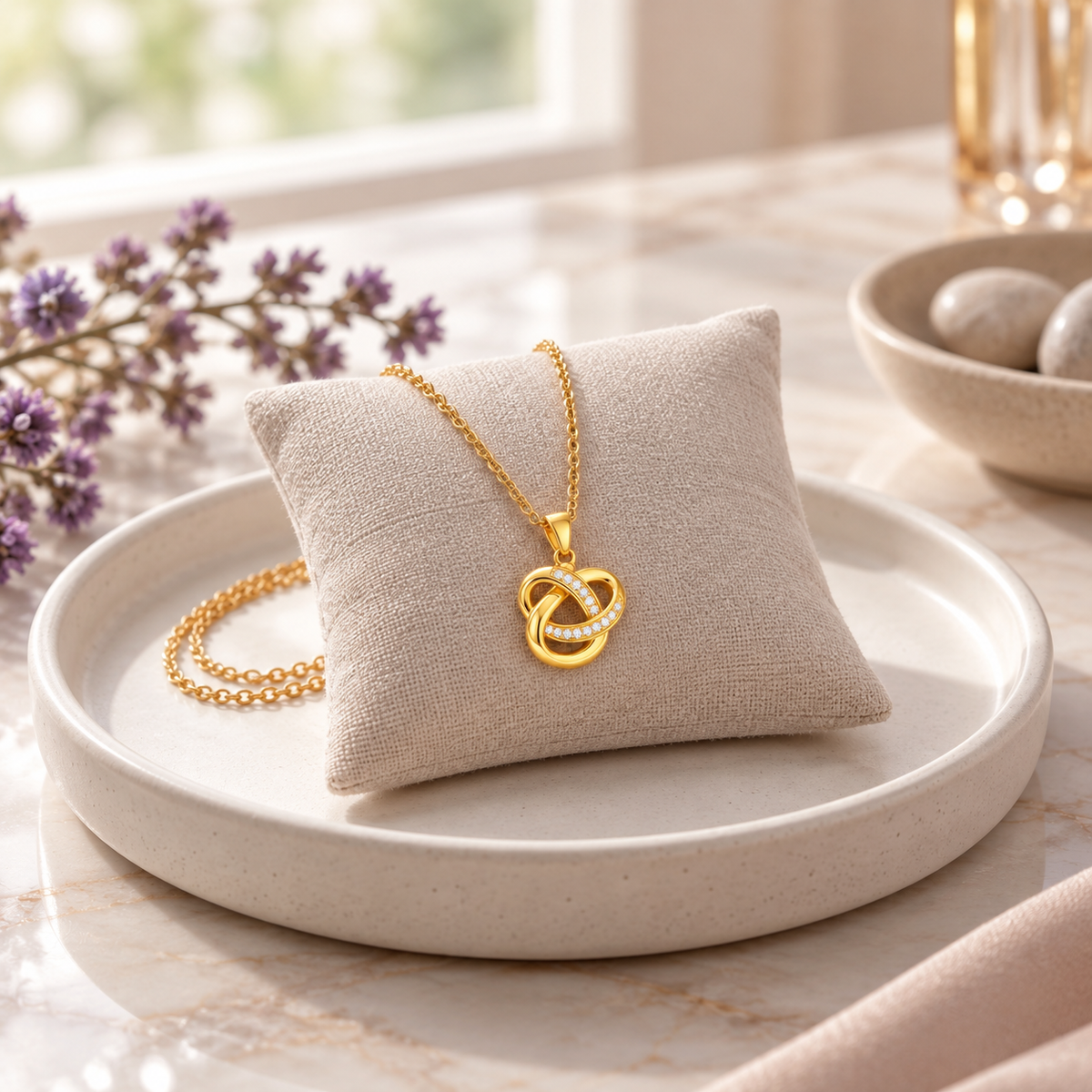 Interlocking Knot Necklace with White Cz Accents for Women - 925 Sterling Silver