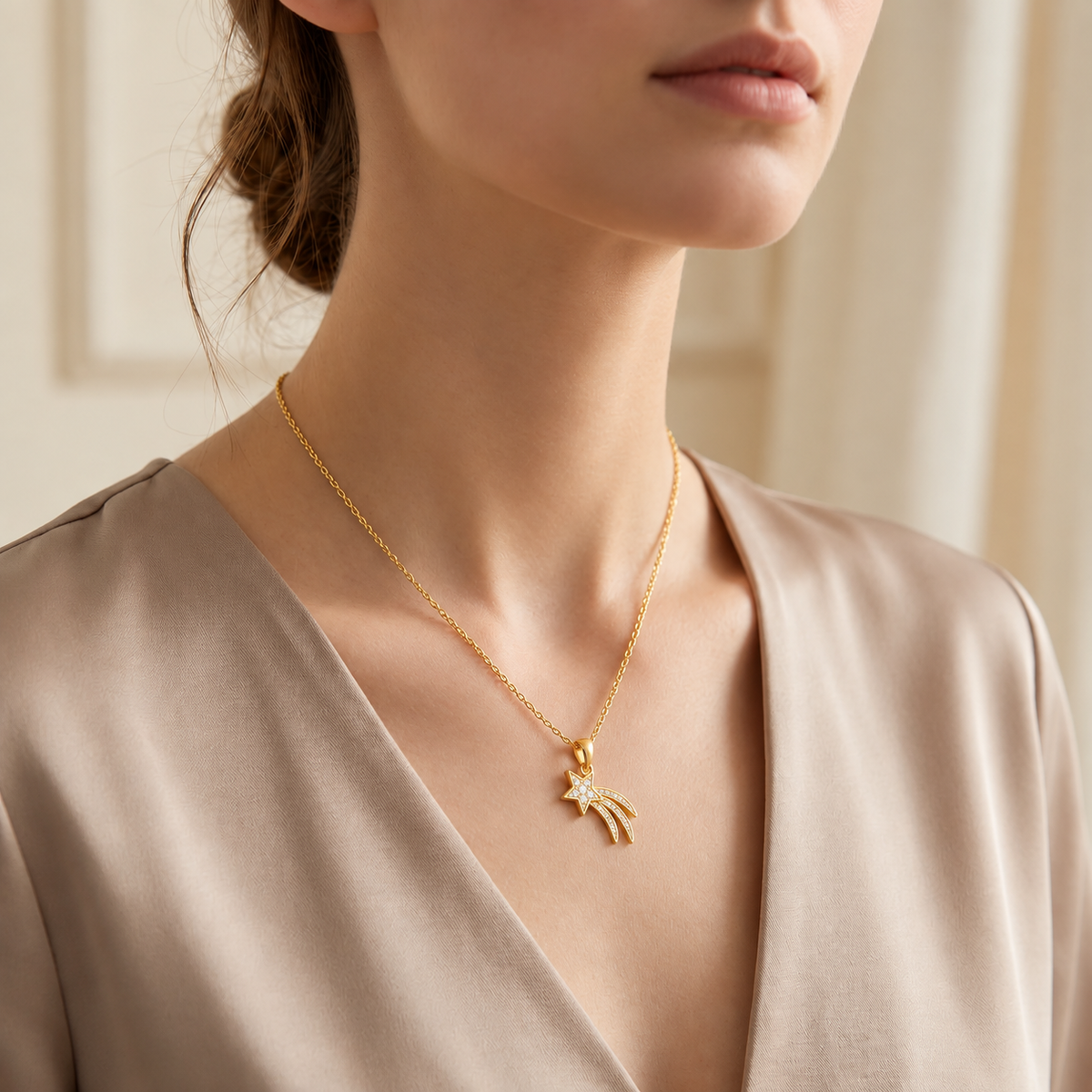 Shooting Star Necklace with Sparkling White Cz for Women - 925 Sterling Silver