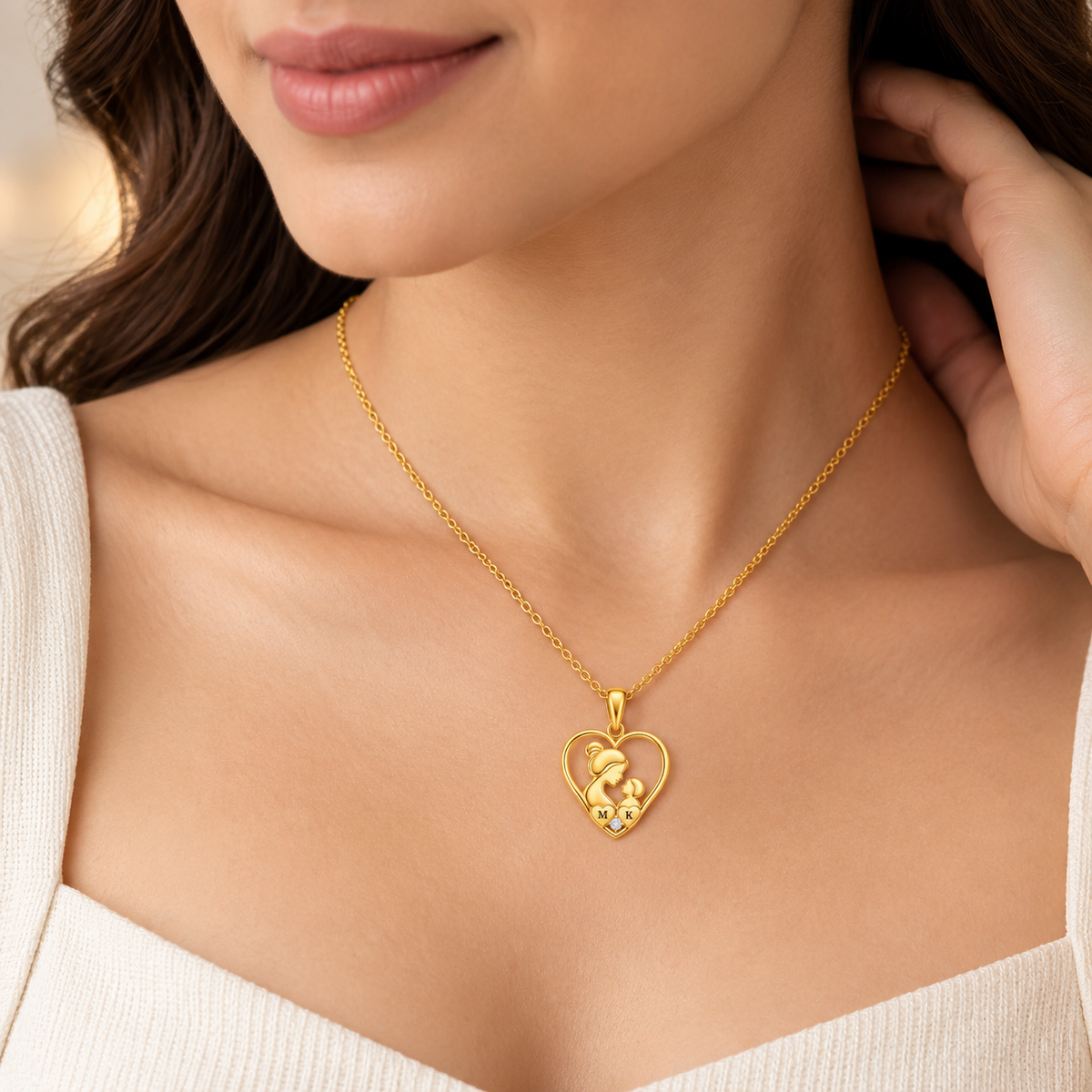 Mother and Child Heart Necklace with White Cz Accent for Women - 925 Sterling Silver