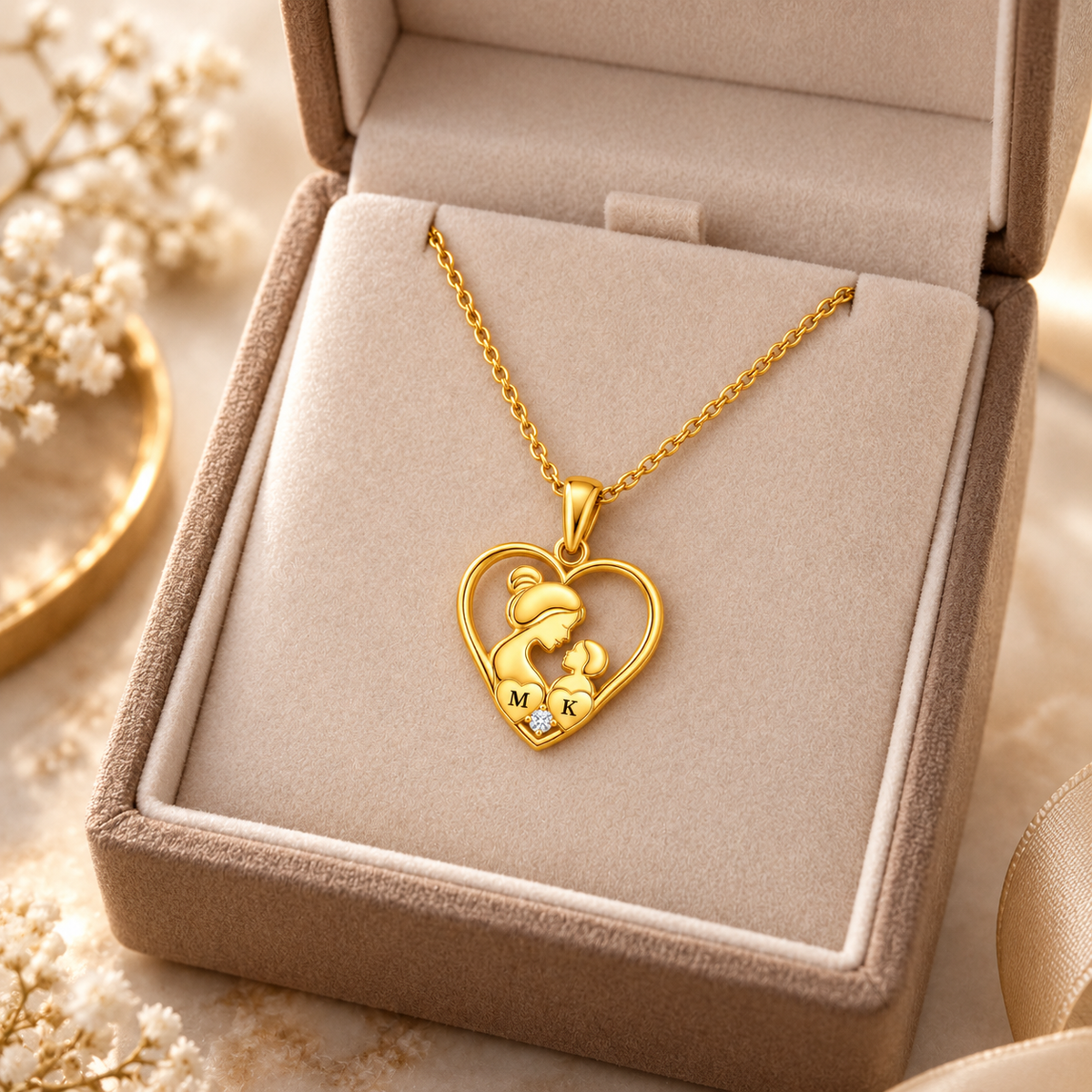 Mother and Child Heart Necklace with White Cz Accent for Women - 925 Sterling Silver