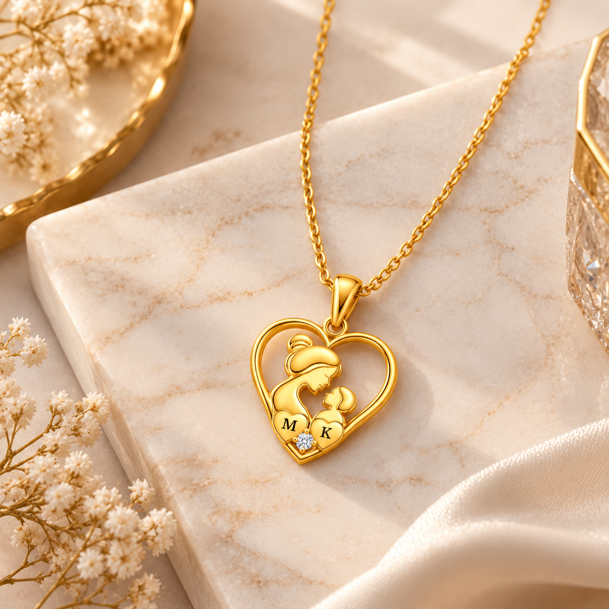 Mother and Child Heart Necklace with White Cz Accent for Women - 925 Sterling Silver