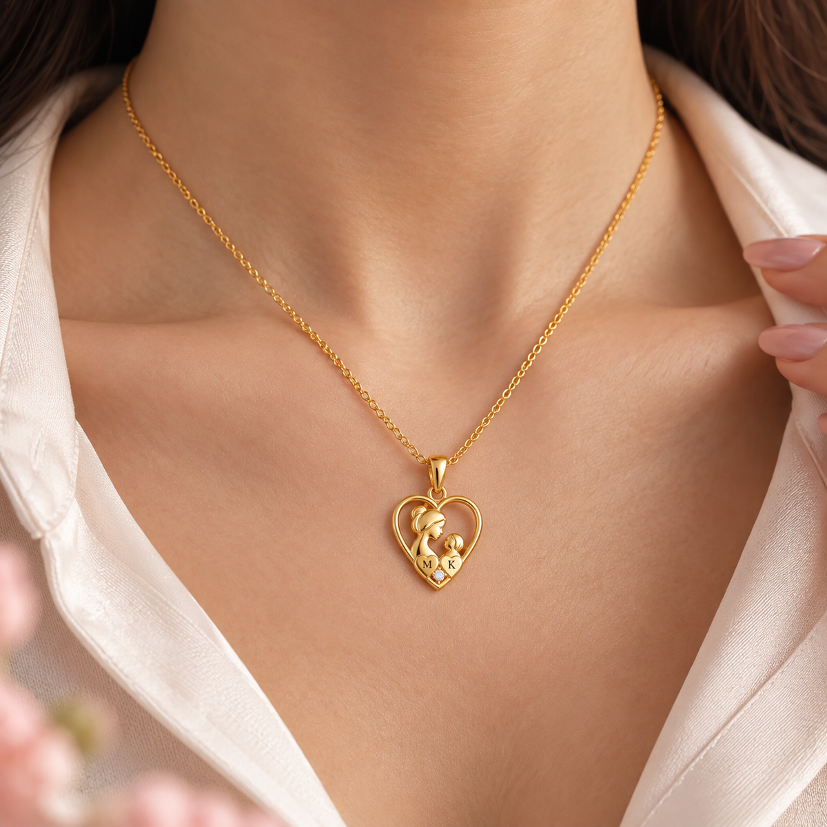 Mother and Child Heart Necklace with White Cz Accent for Women - 925 Sterling Silver