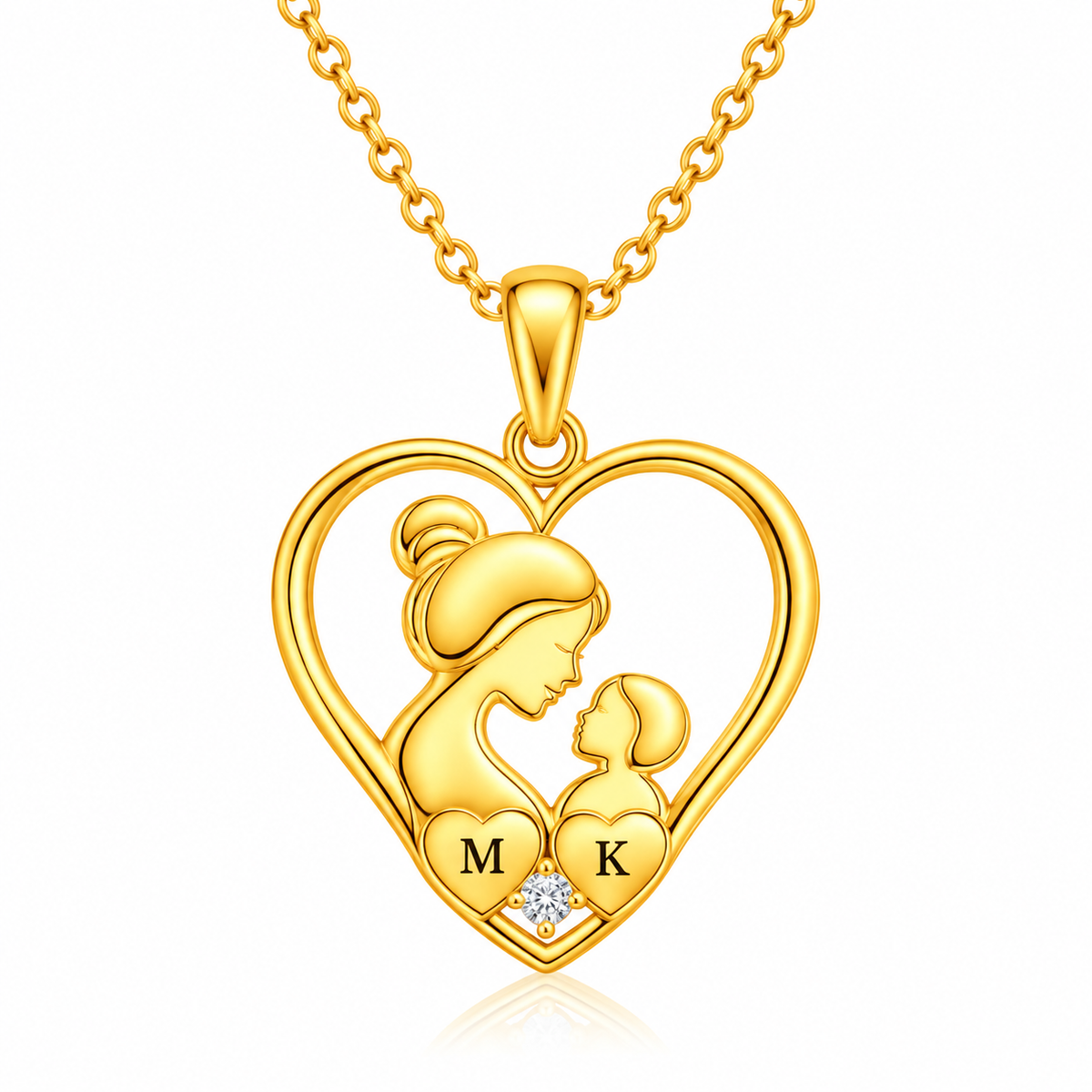 Mother and Child Heart Necklace with White Cz Accent for Women - 925 Sterling Silver