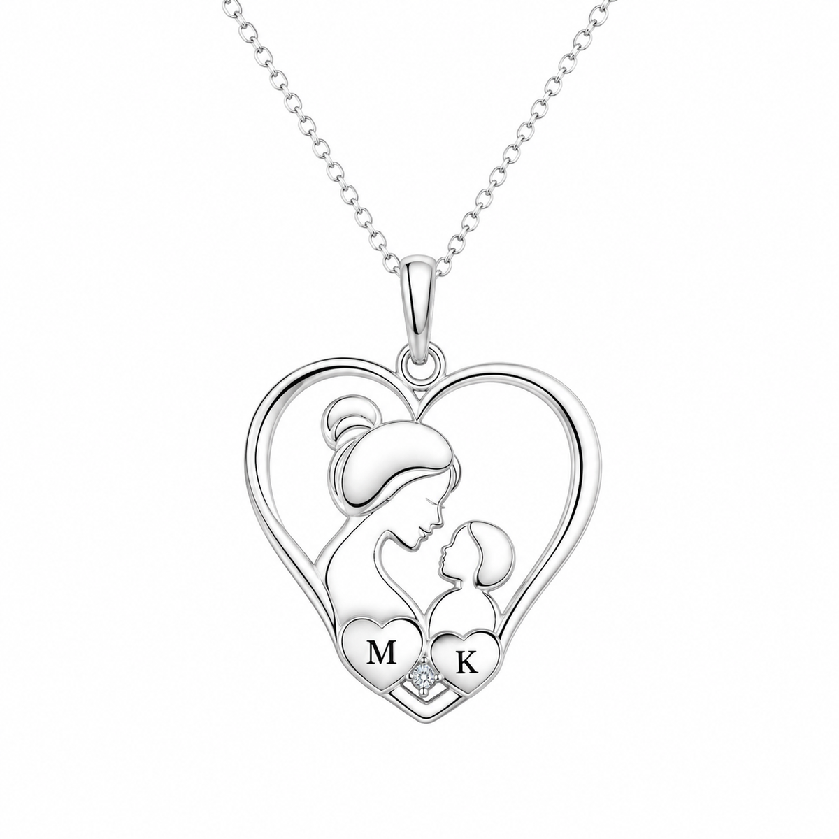 Mother and Child Heart Necklace with White Cz Accent