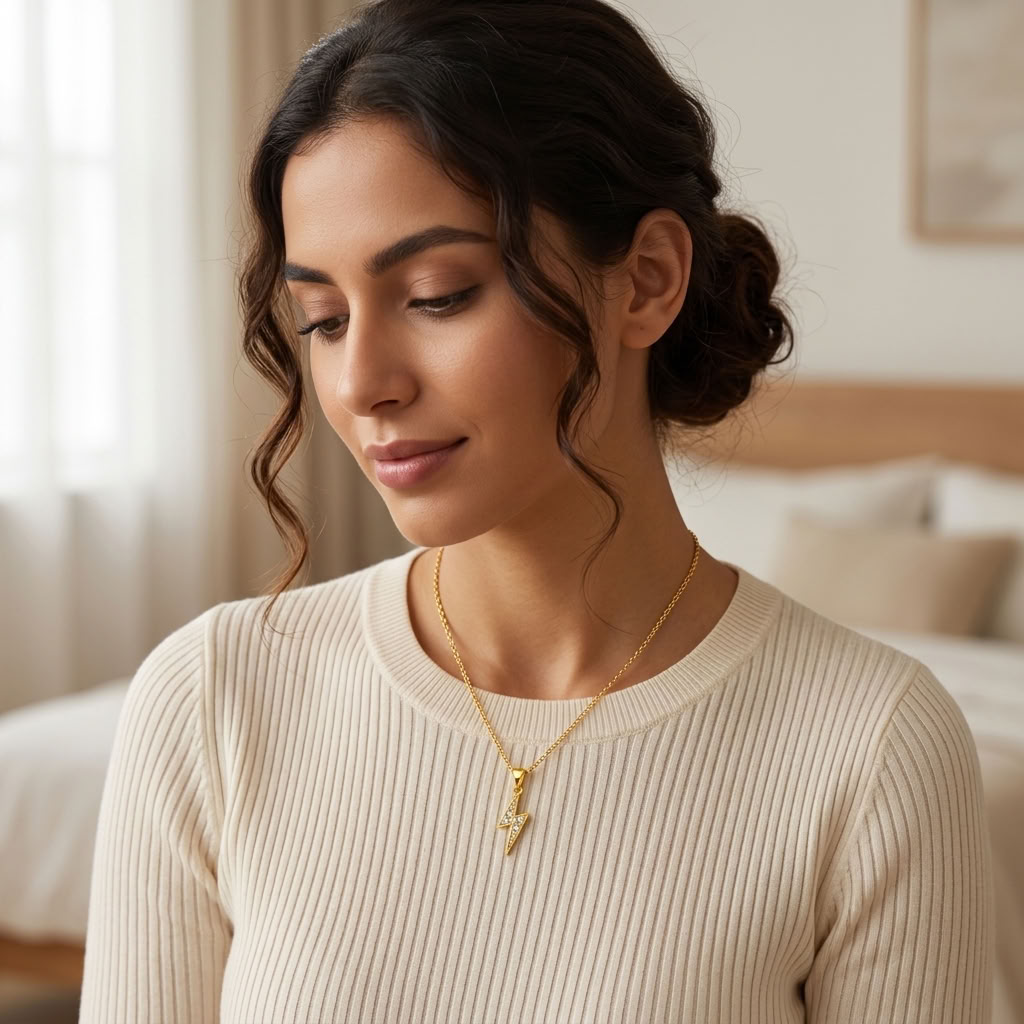 Lightning Bolt Necklace with White Cz Accents for Women - 925 Sterling Silver