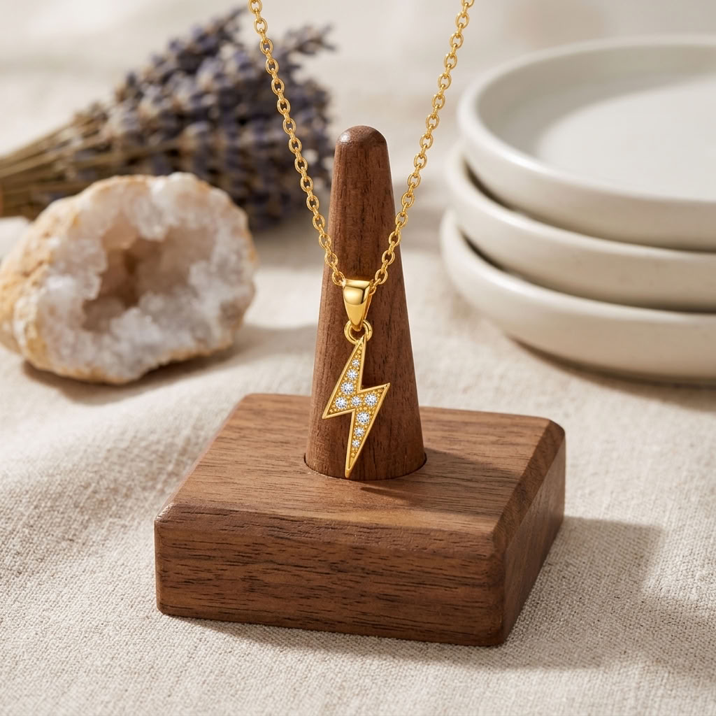 Lightning Bolt Necklace with White Cz Accents for Women - 925 Sterling Silver