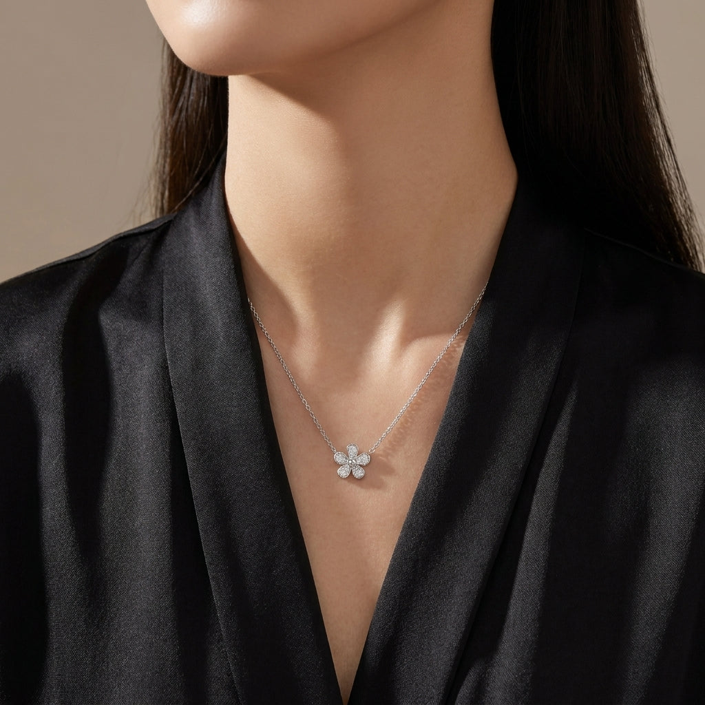 White Cz Flower Necklace - Dainty Floral Pendant