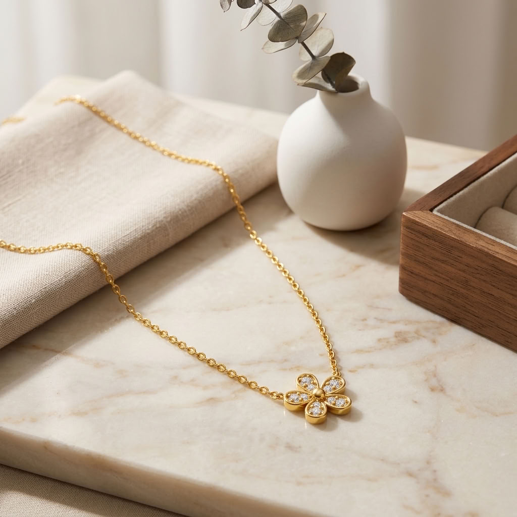 White Cz Flower Necklace - Dainty Floral for Women - 925 Sterling Silver