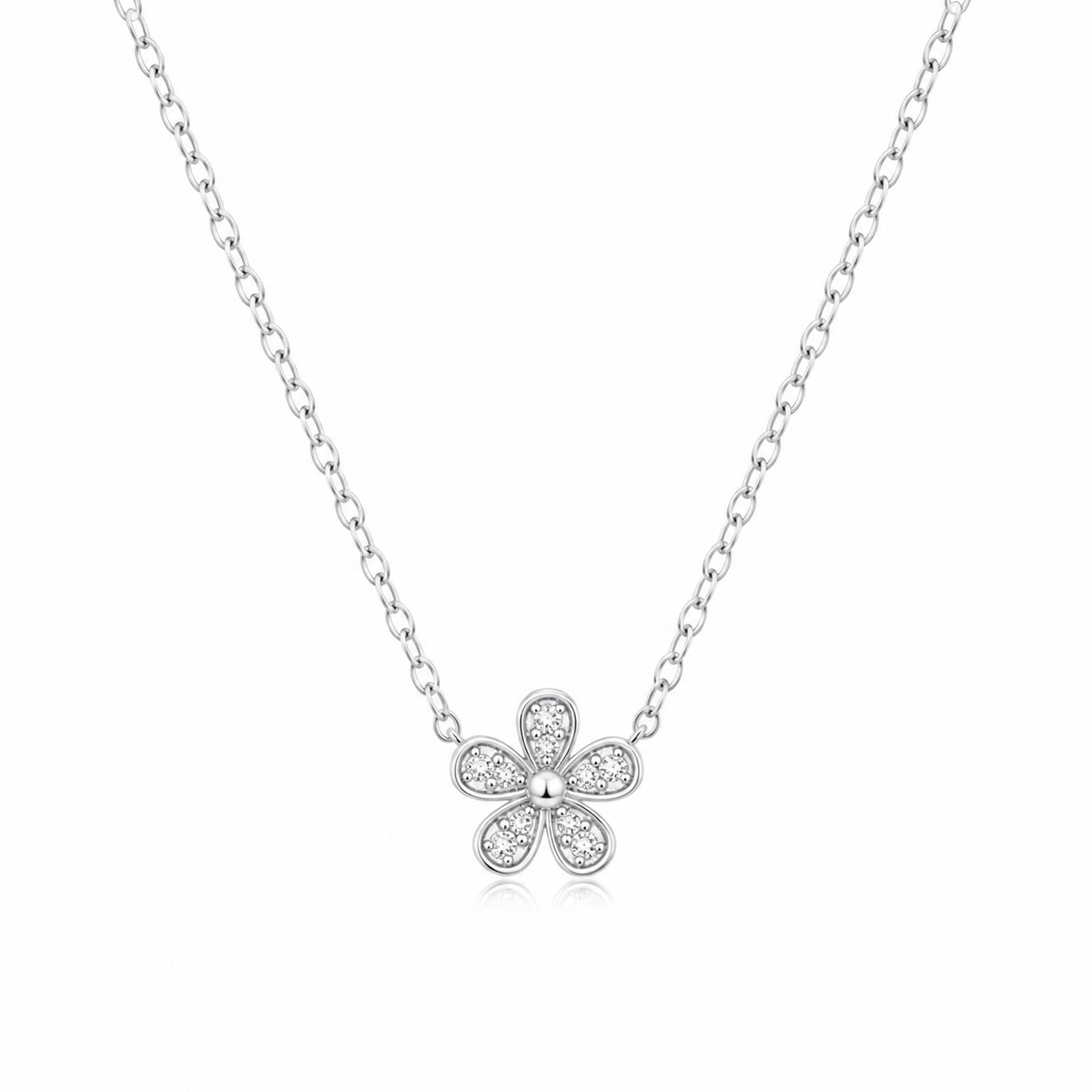 White Cz Flower Necklace - Dainty Floral Pendant