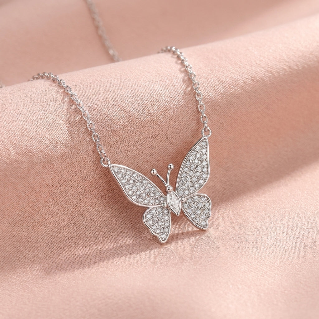 Butterfly Necklace with Pavé White Cz Wings