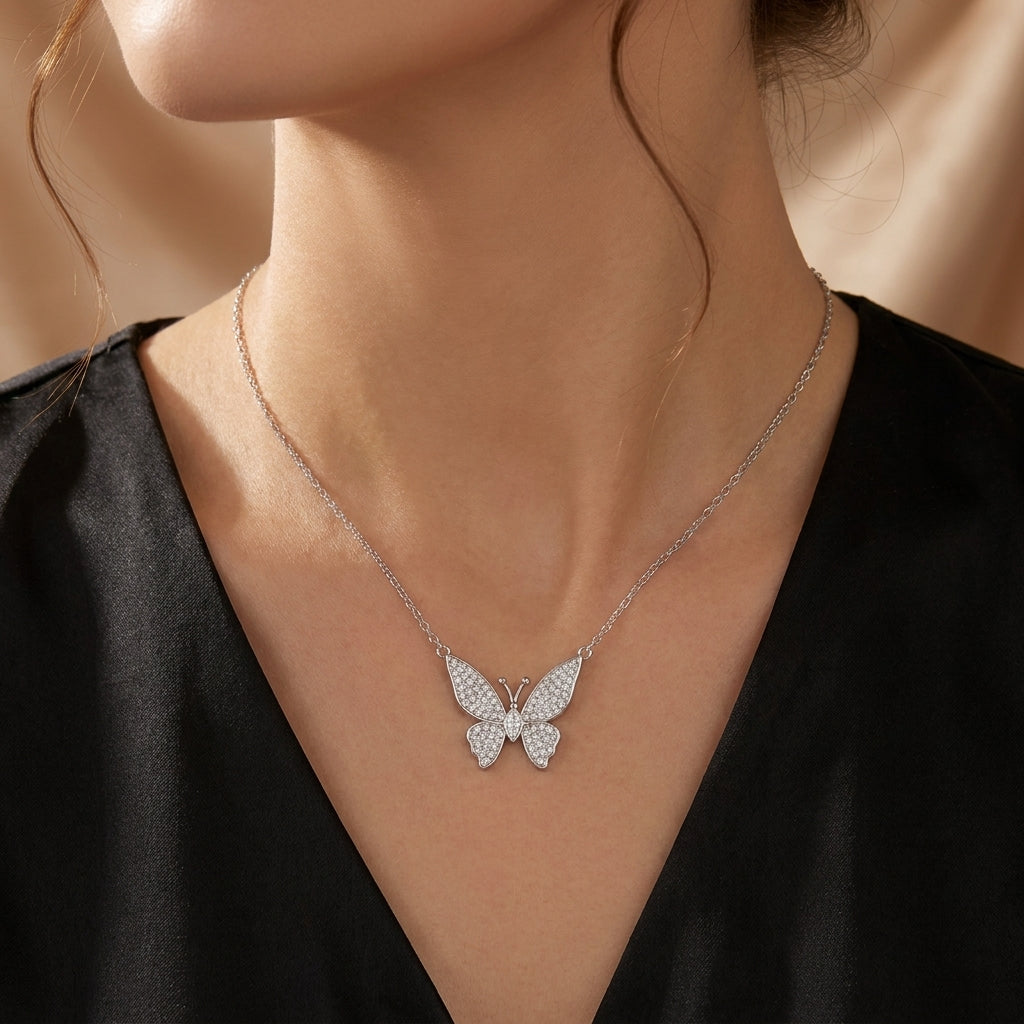 Butterfly Necklace with Pavé White Cz Wings