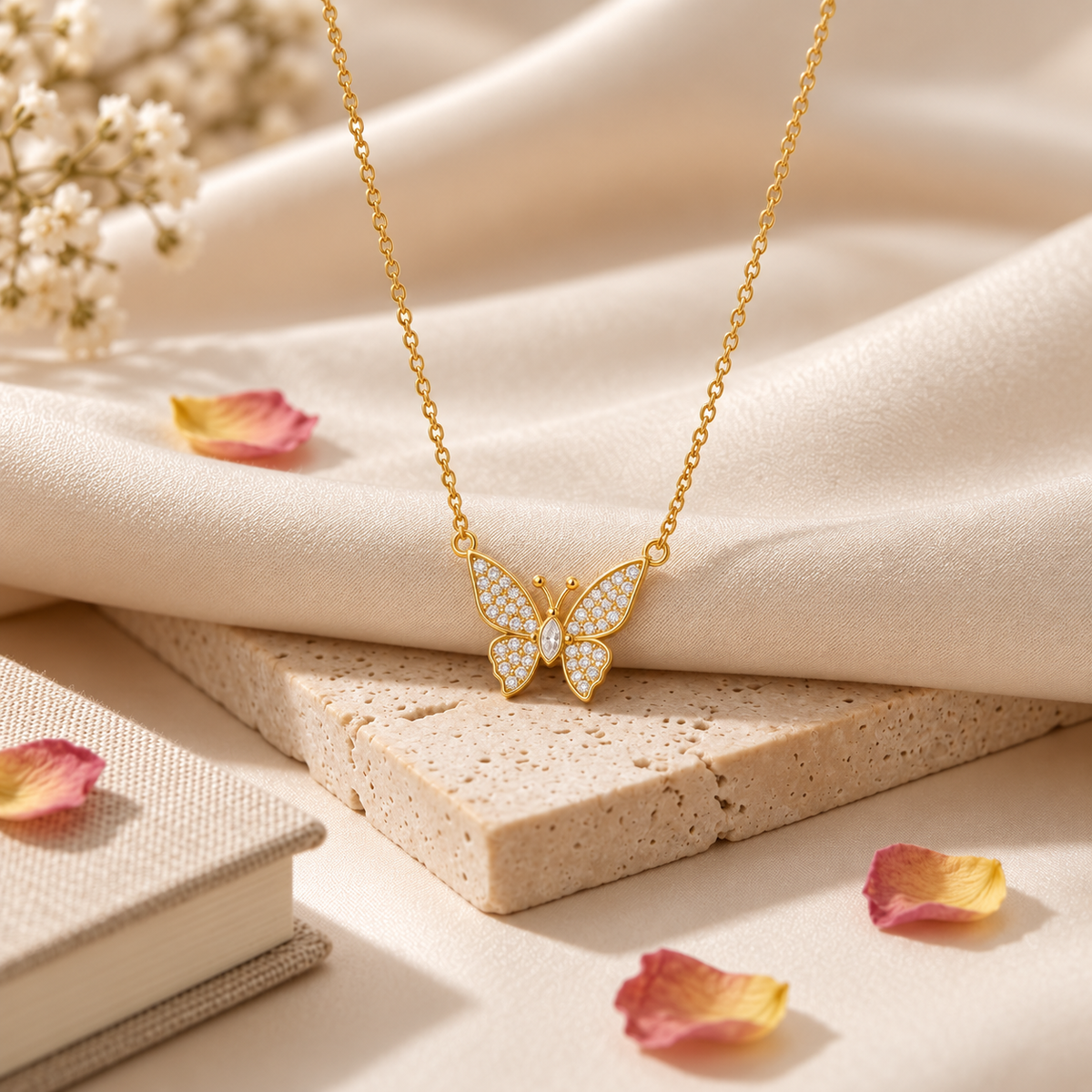 Butterfly Necklace with Pavé White Cz Wings for Women - 925 Sterling Silver