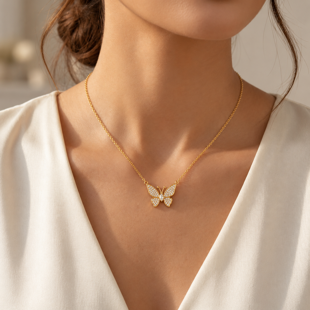 Butterfly Necklace with Pavé White Cz Wings for Women - 925 Sterling Silver
