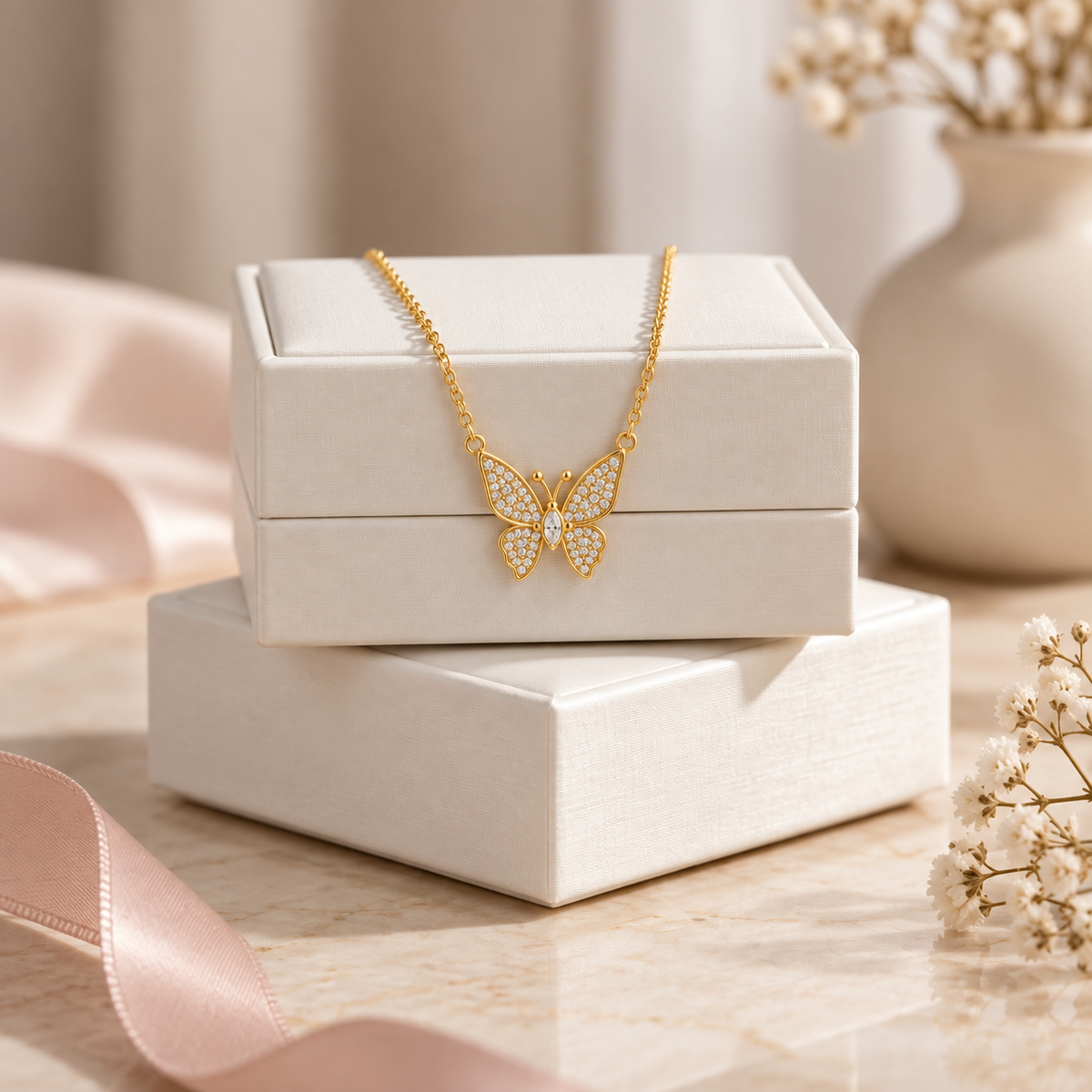 Butterfly Necklace with Pavé White Cz Wings for Women - 925 Sterling Silver