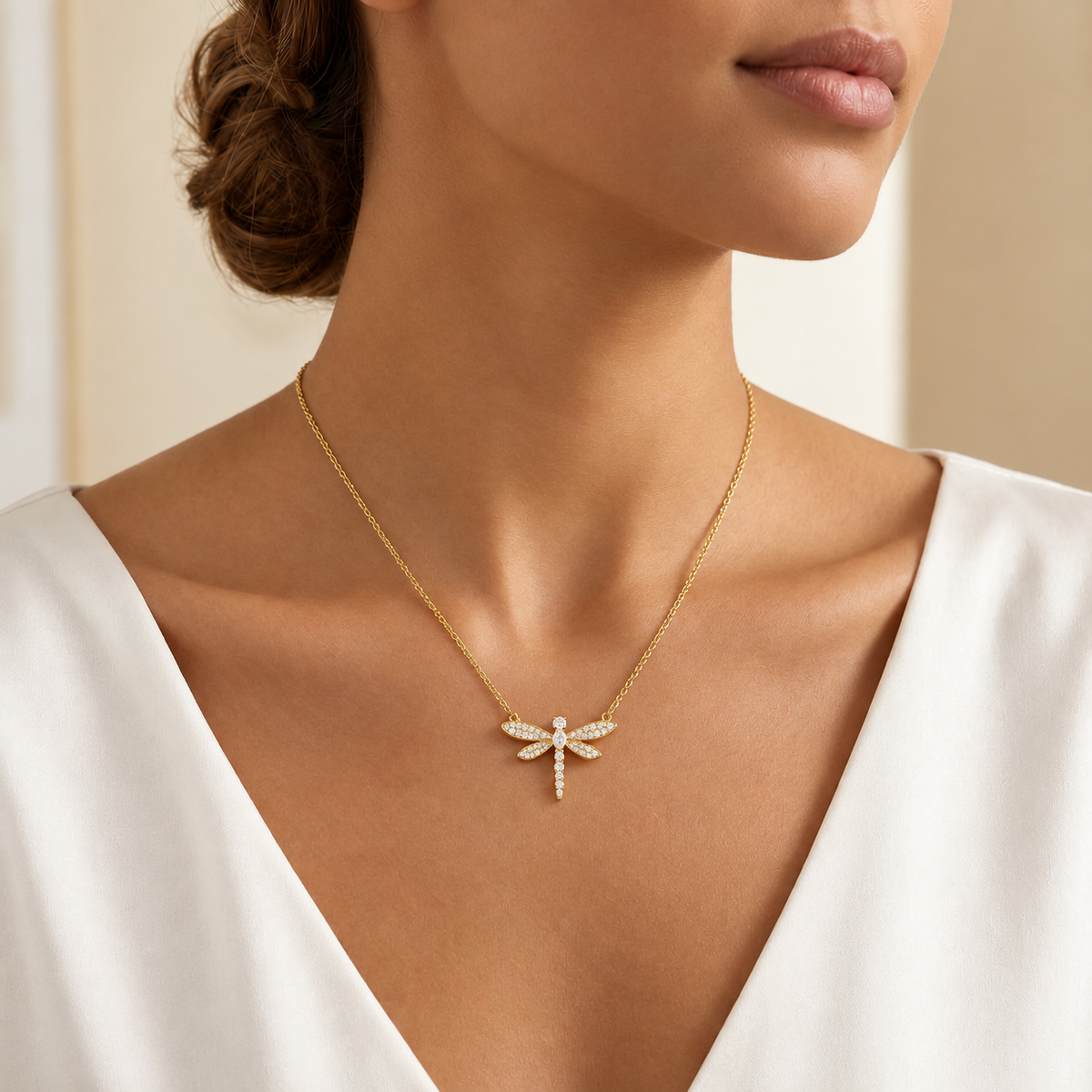 Dragonfly Necklace with Sparkling White Cz Accents for Women - 925 Sterling Silver