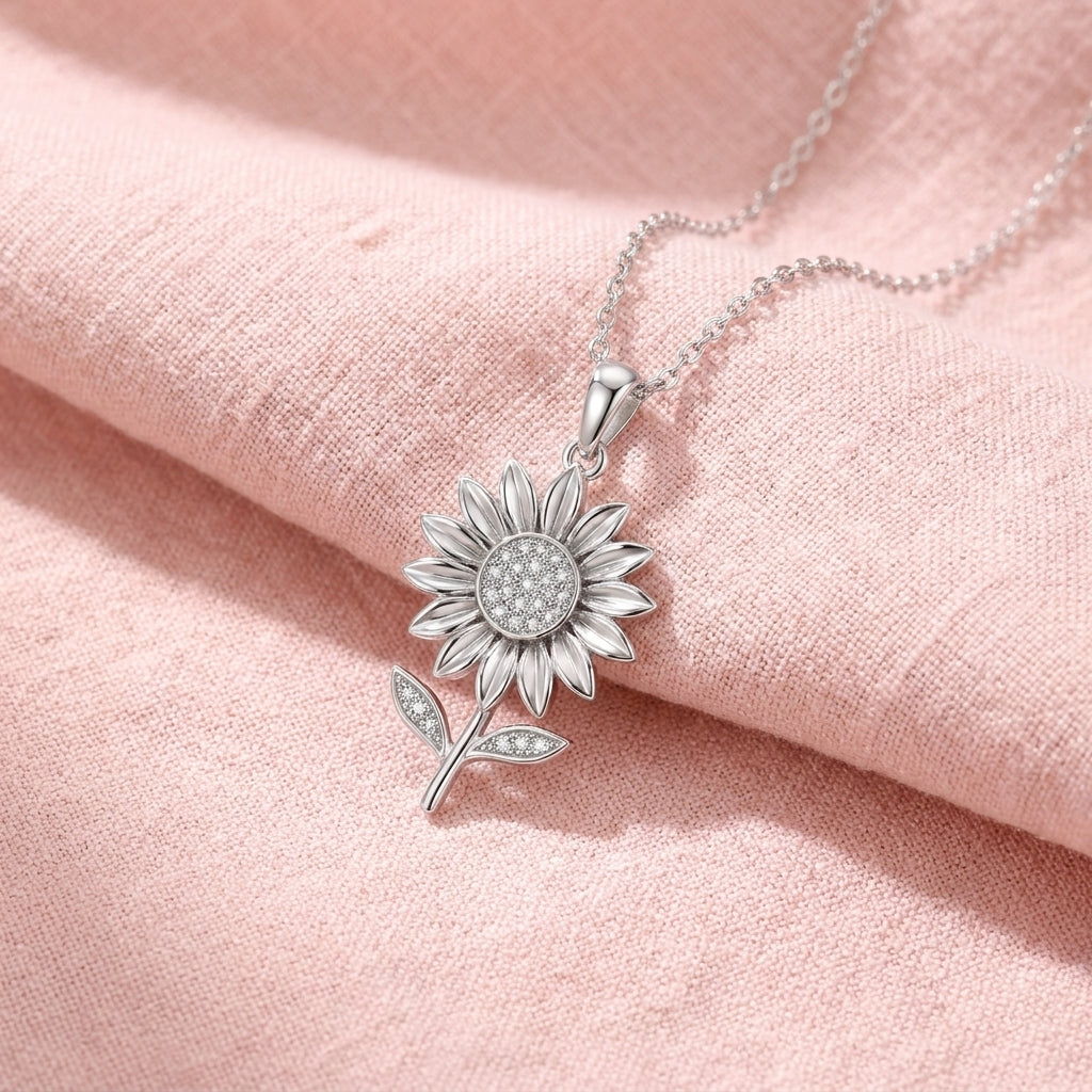 Sunflower Necklace with Sparkling White Cz Center