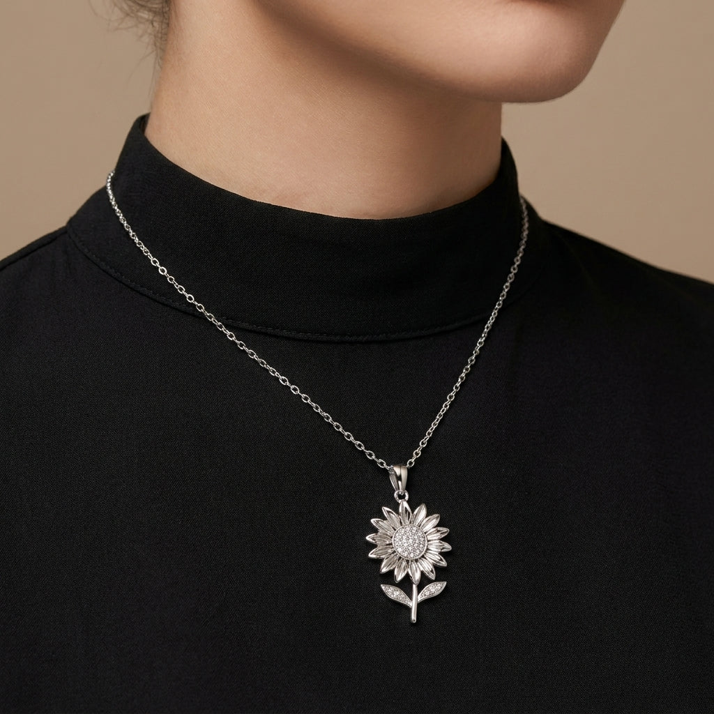 Sunflower Necklace with Sparkling White Cz Center