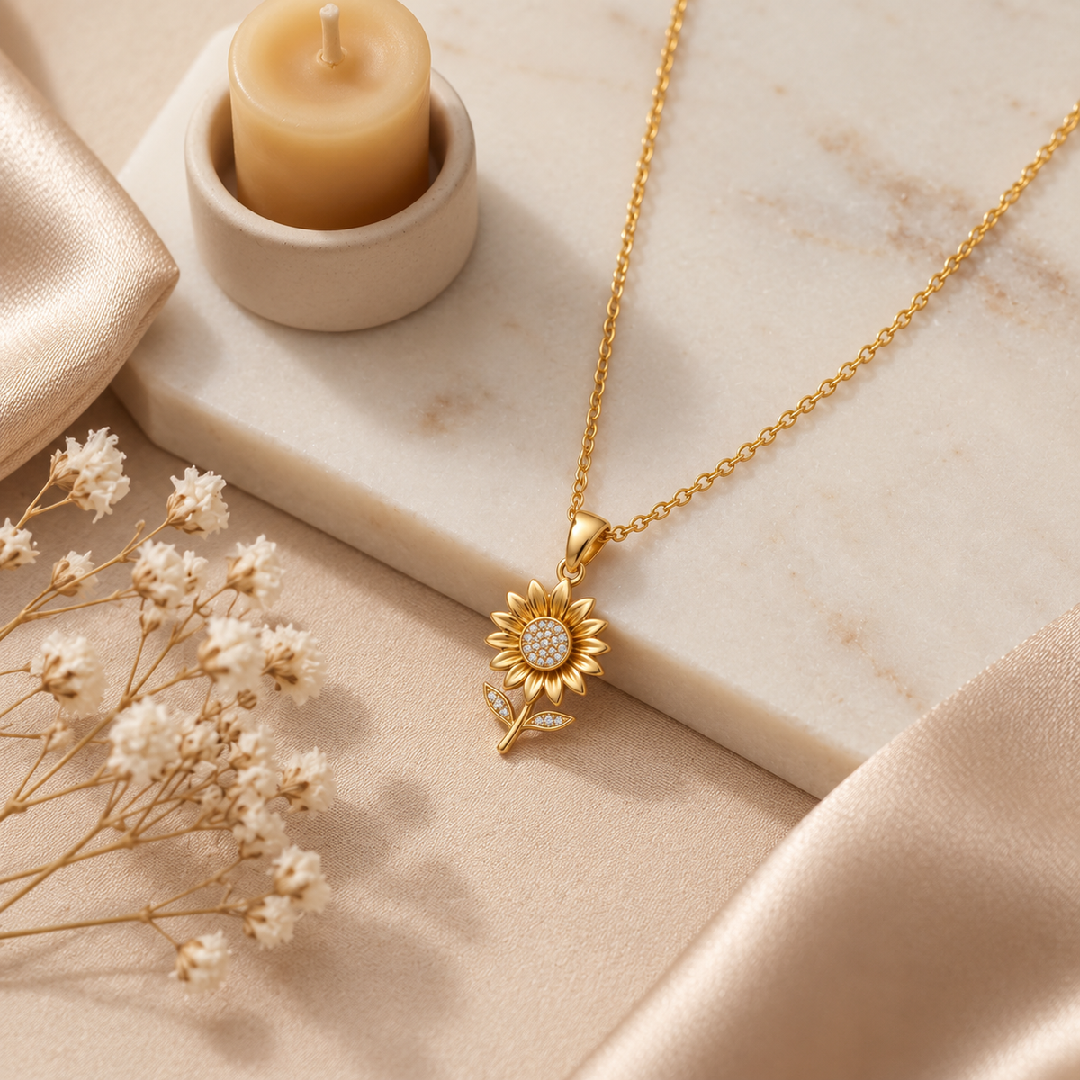 Sunflower Necklace with Sparkling White Cz Center for Women - 925 Sterling Silver