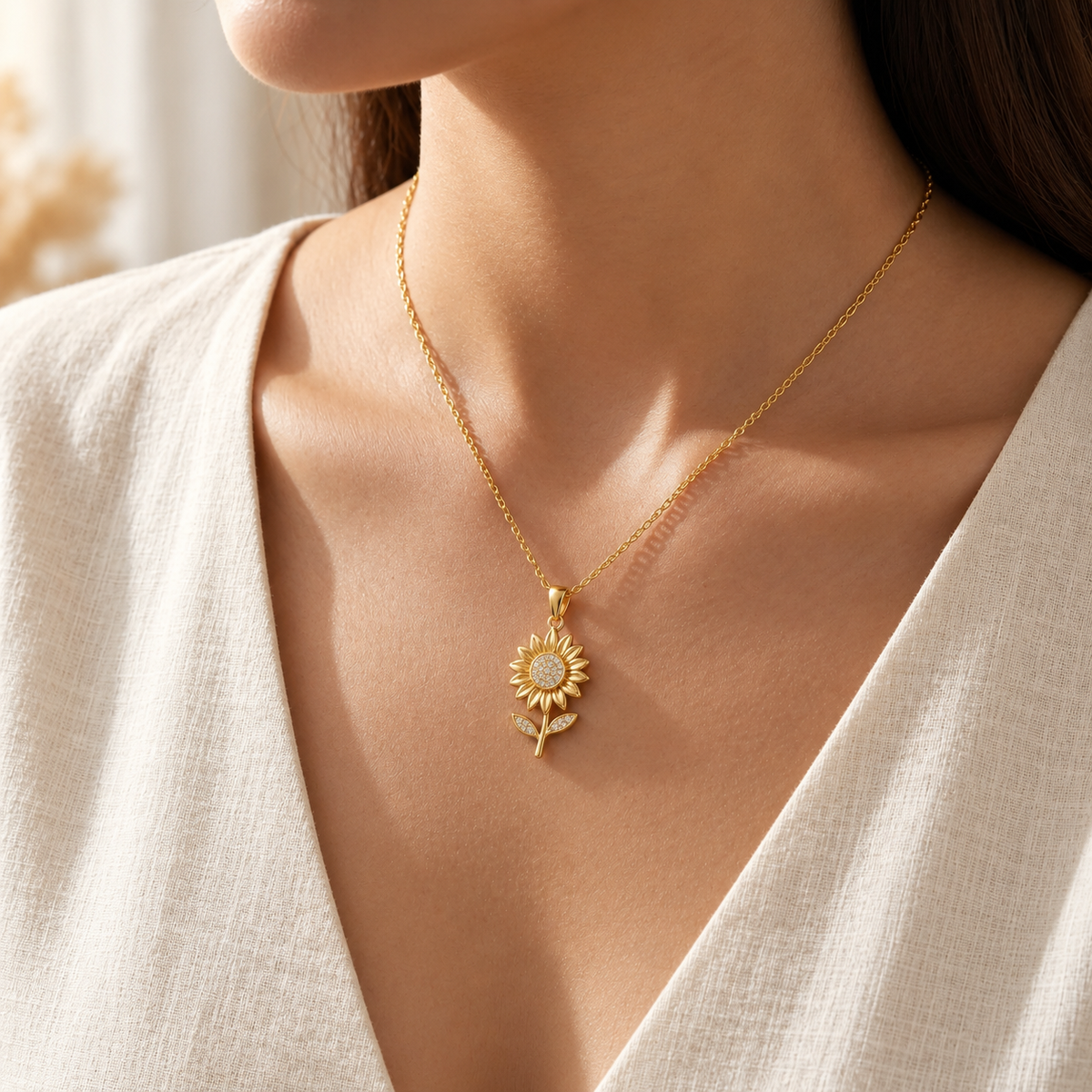 Sunflower Necklace with Sparkling White Cz Center for Women - 925 Sterling Silver