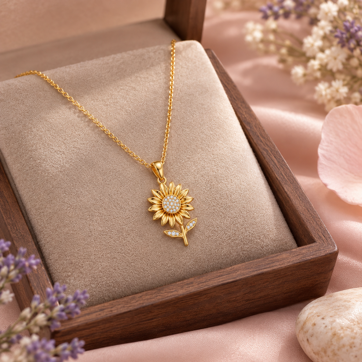 Sunflower Necklace with Sparkling White Cz Center for Women - 925 Sterling Silver
