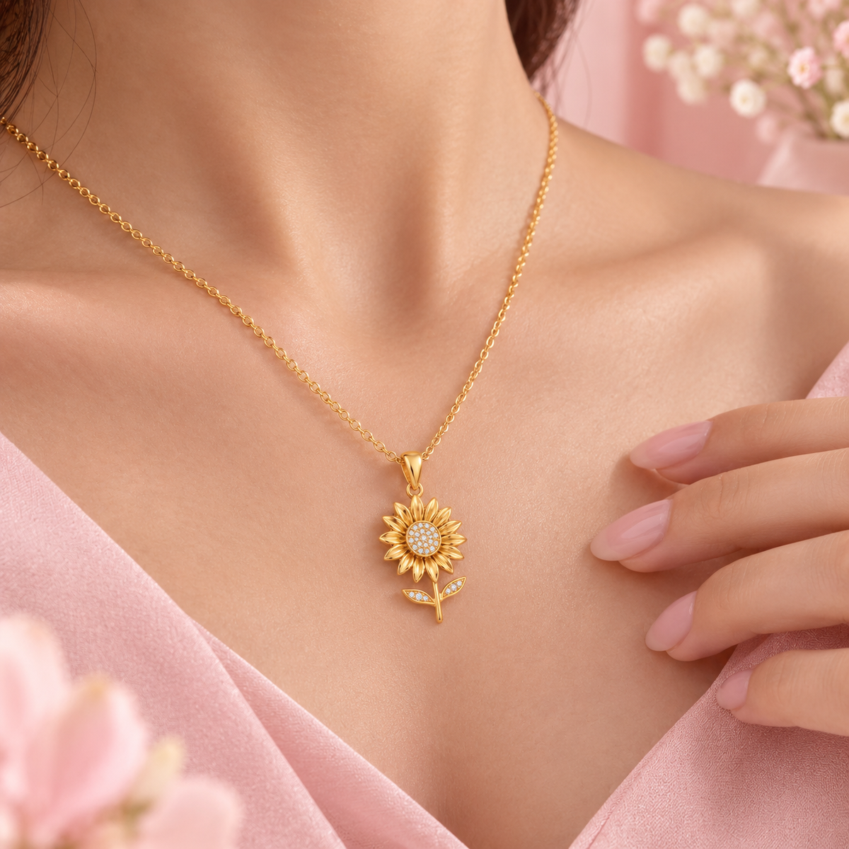 Sunflower Necklace with Sparkling White Cz Center for Women - 925 Sterling Silver
