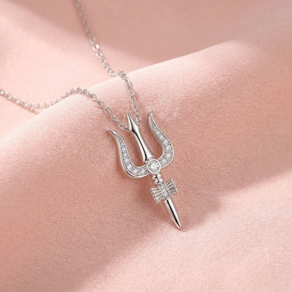 Trishul Necklace with White Cz Accents