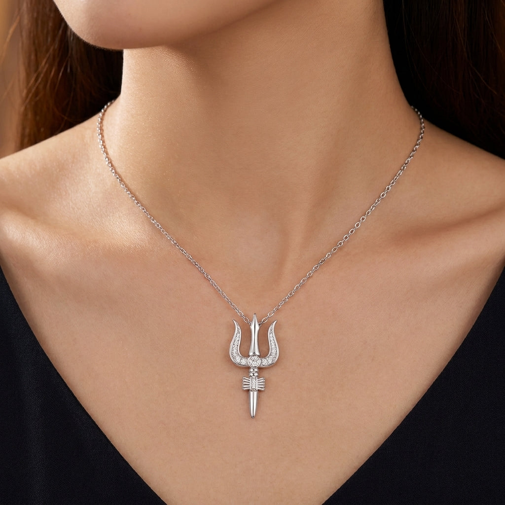 Trishul Necklace with White Cz Accents