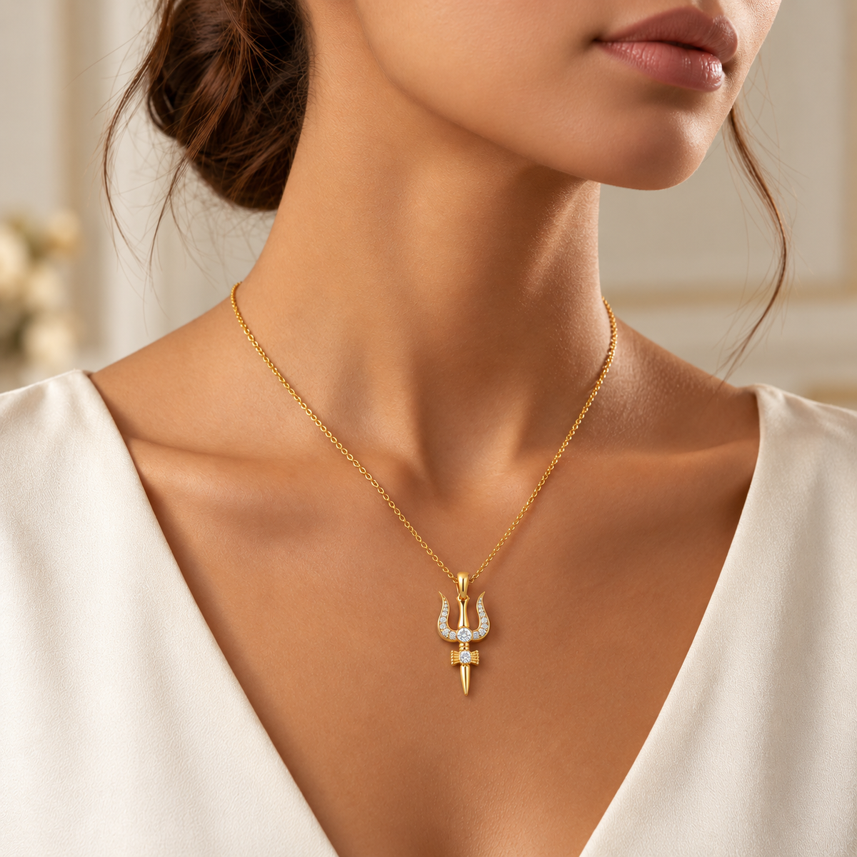Trishul Necklace with White Cz Accents for Women - 925 Sterling Silver