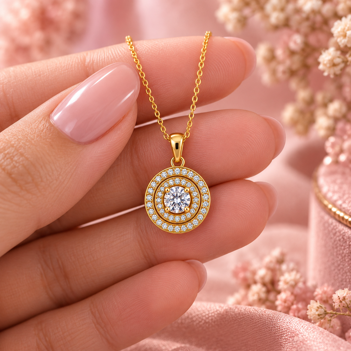Round Halo White Cz Solitaire Necklace for Women - 925 Sterling Silver